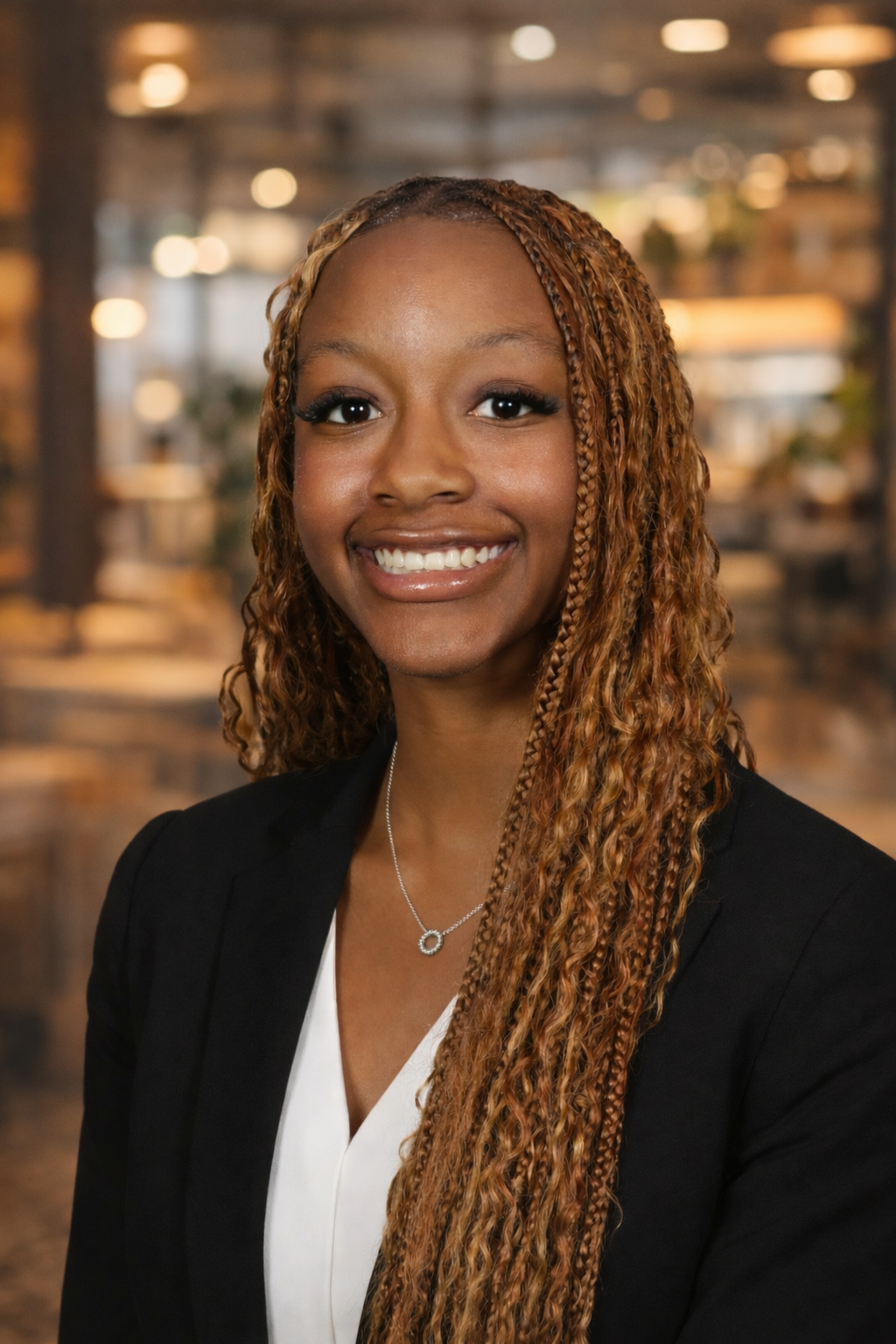 A smiling woman with long, braided ginger hair in an indoor setting with warm lighting and blurred background.