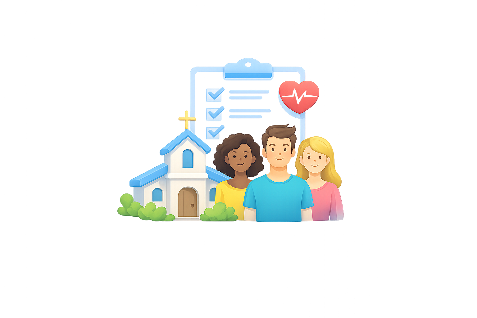 Illustration of diverse people, a small church, a health report with a heart icon, and a speech bubble with checkmarks, symbolizing community health and wellness.