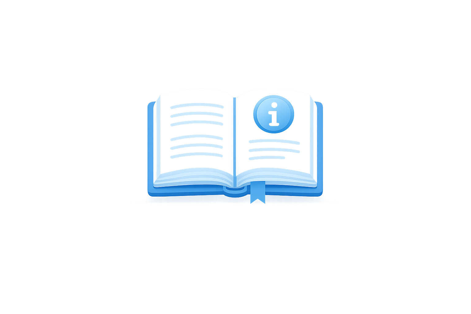 Digital illustration of an open book with a blue 'i' information icon on the right page, glowing with a light blue aura on a gray background.