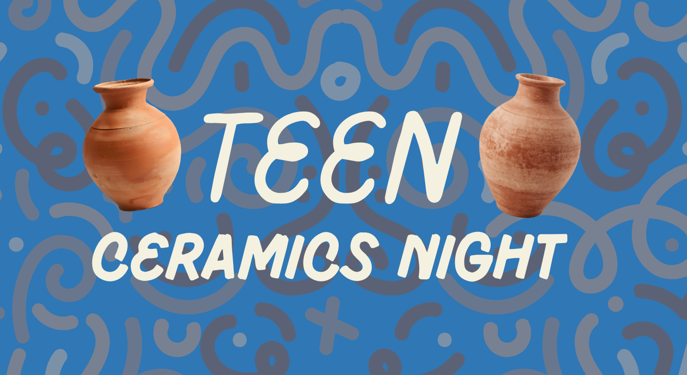 Poster for TECN Ceramics Night featuring two clay pots on either side with a blue patterned background.