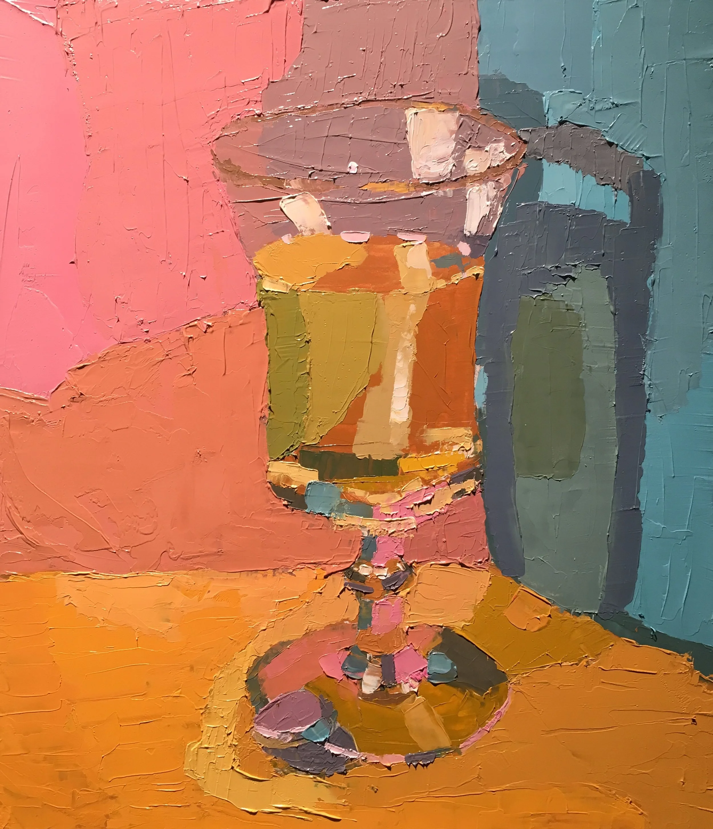 An oil painting of a three-part composition featuring a wine glass on a table, with a pink background on the left and a blue-green background on the right. The painting has a textured, impressionistic style.