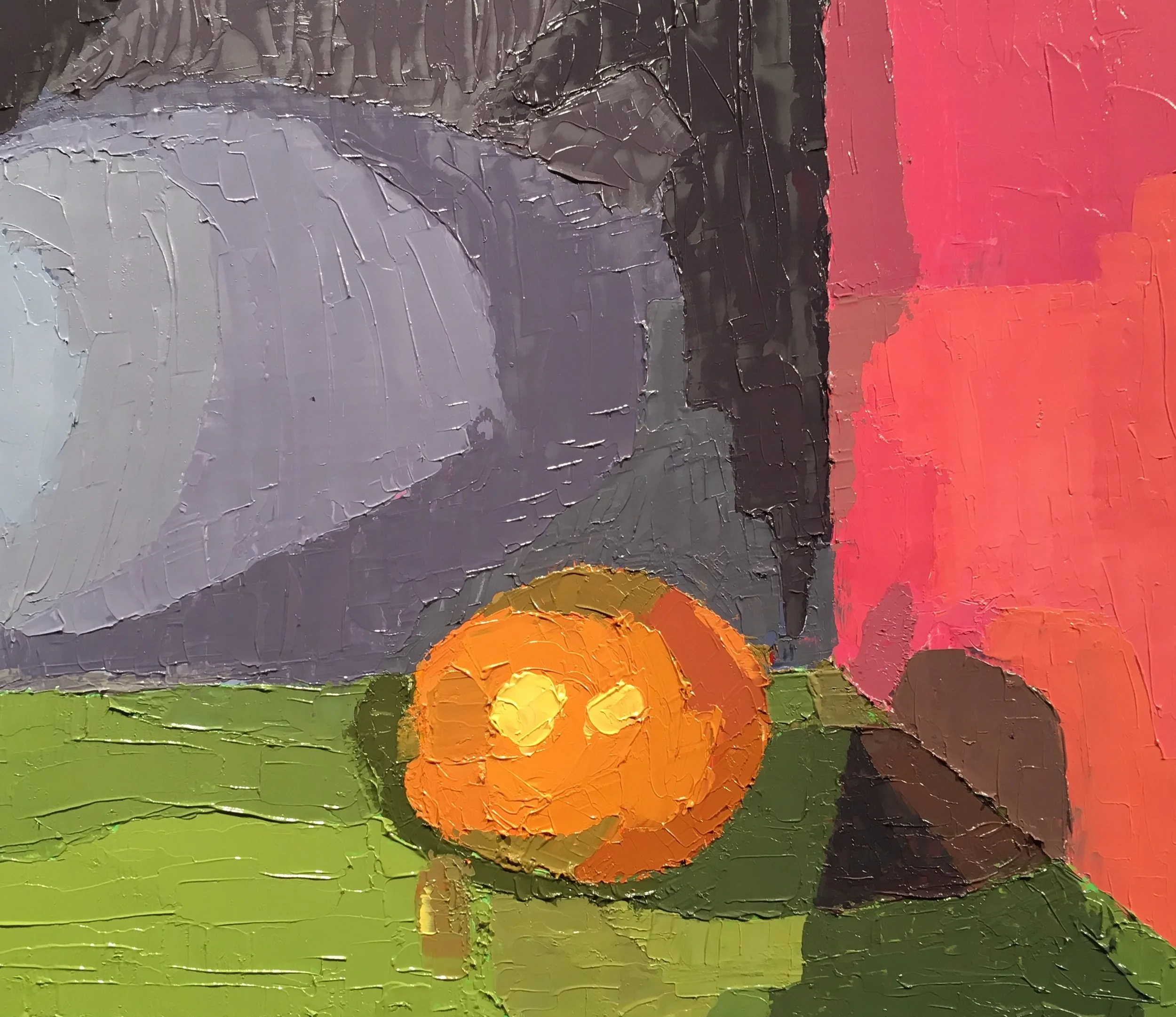 A still life painting featuring a small orange pumpkin with facial features, placed on a green surface, with abstract shapes of purple, gray, black, and red in the background.