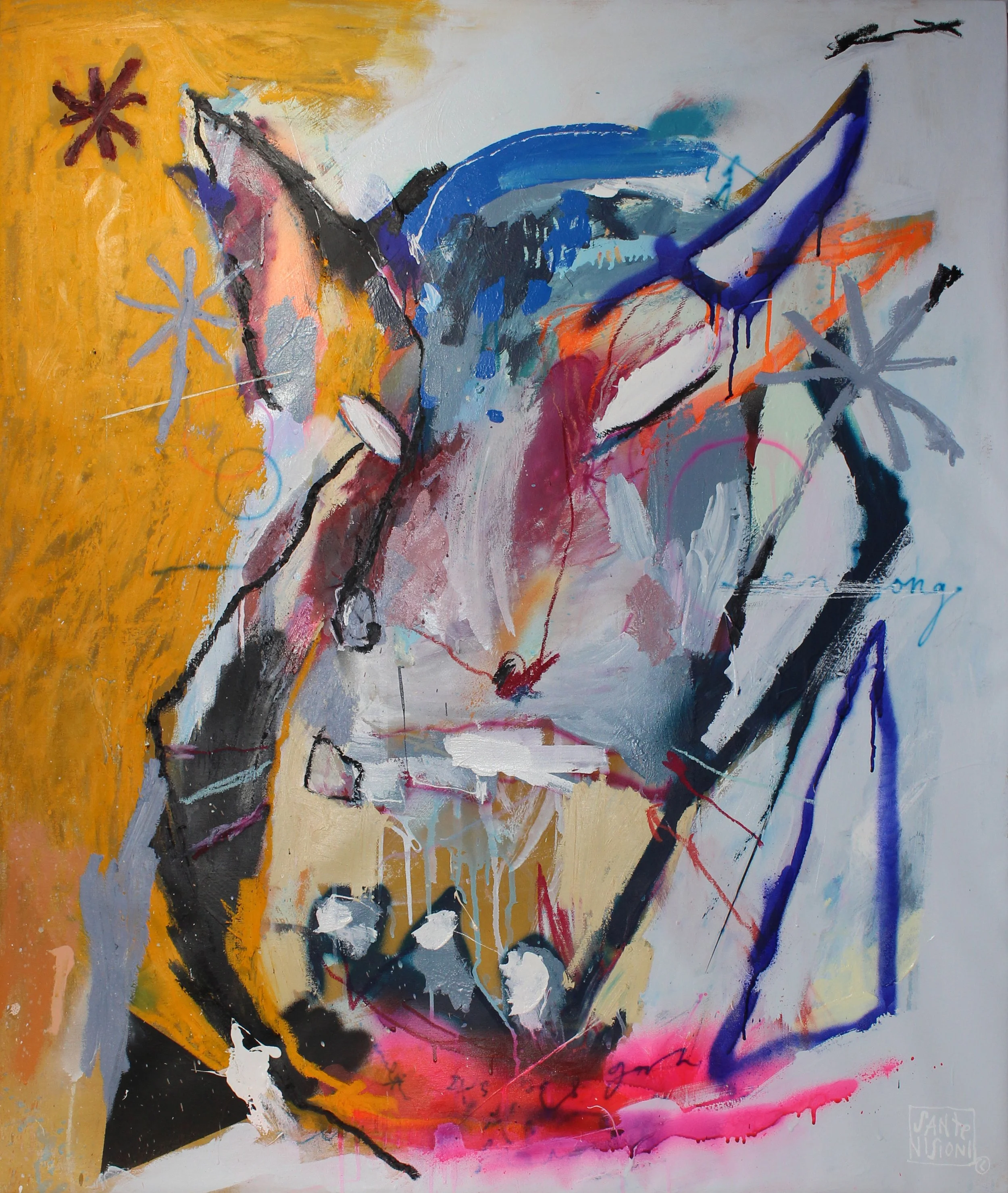 Werner, 2026, mixed media on canvas, abstract painting, featuring bright colors, lines, and expressive brushstrokes.