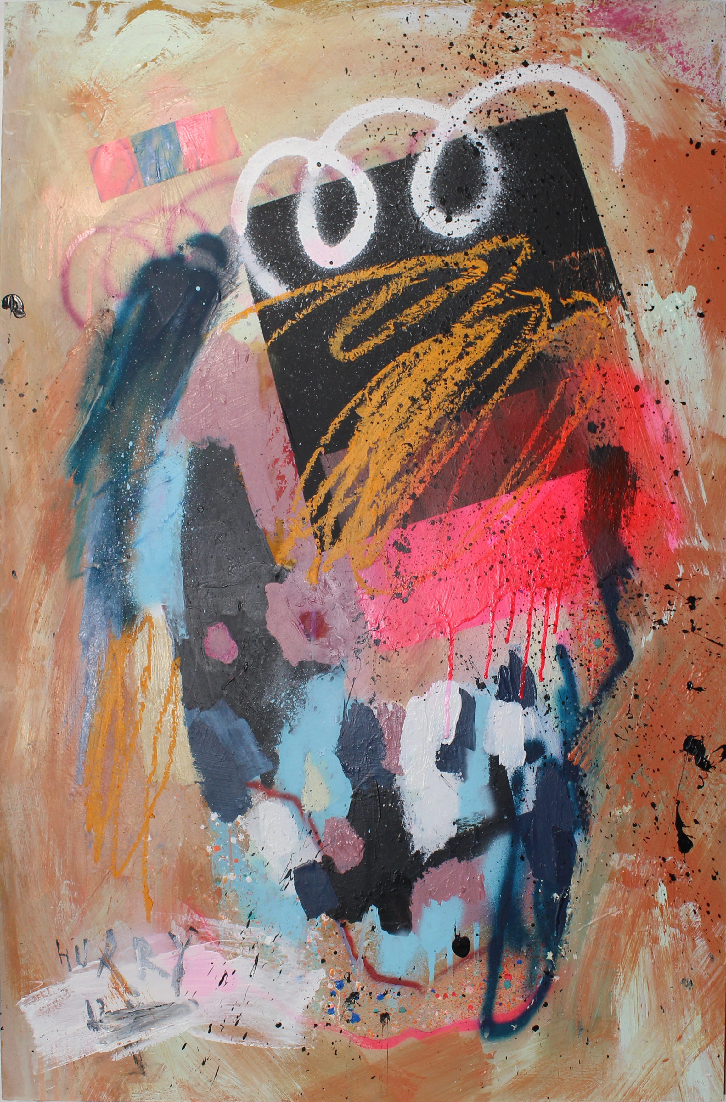 Abstract street art portrait of a woman with blonde hair, featuring splashes of pink, black, blue, and orange paint, with white and black accents, and a textured, layered background.
