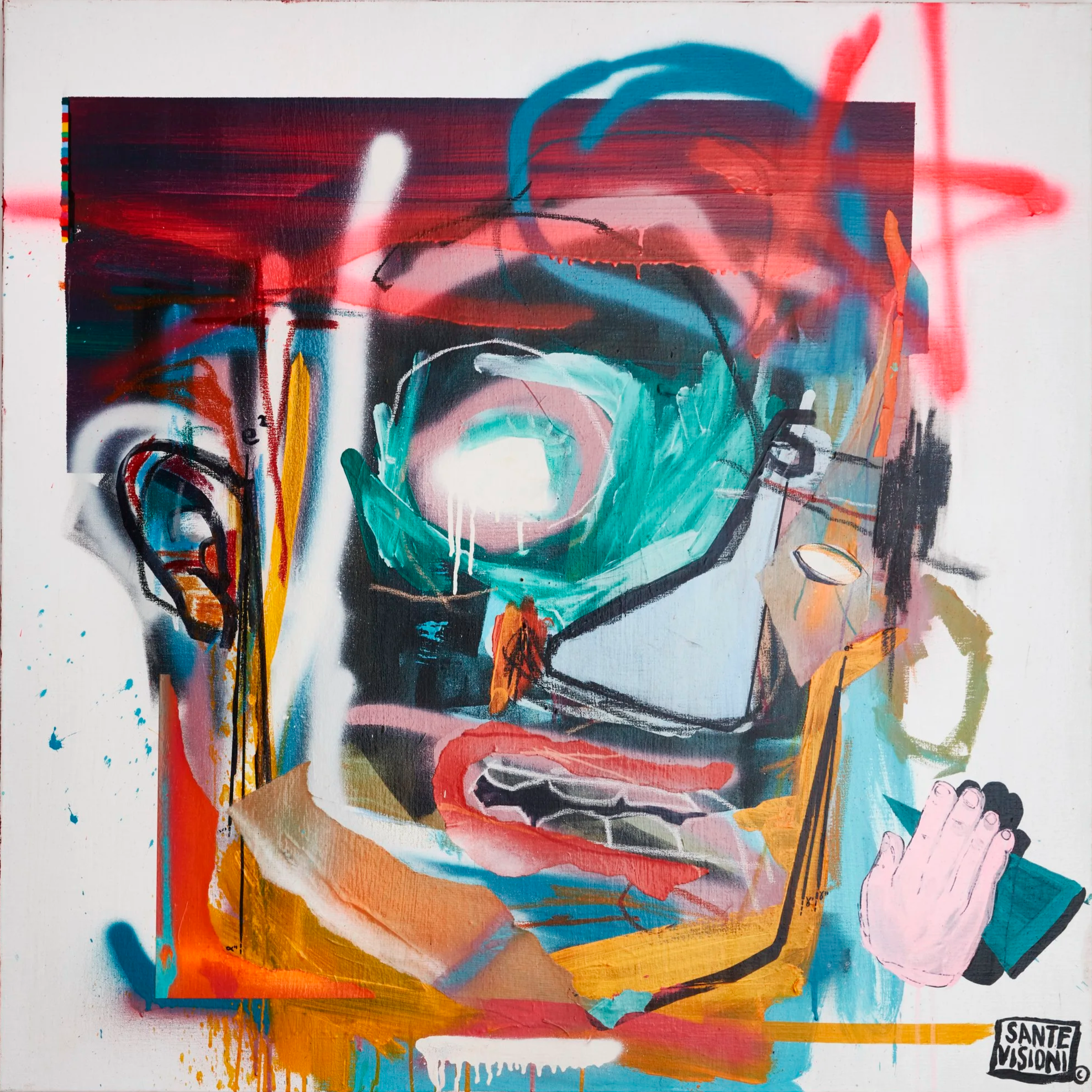 Expectations, 2018, mixed media on canvas, abstract colorful portrait of a person with exaggerated facial features, painted with vibrant brushstrokes and graffiti style.