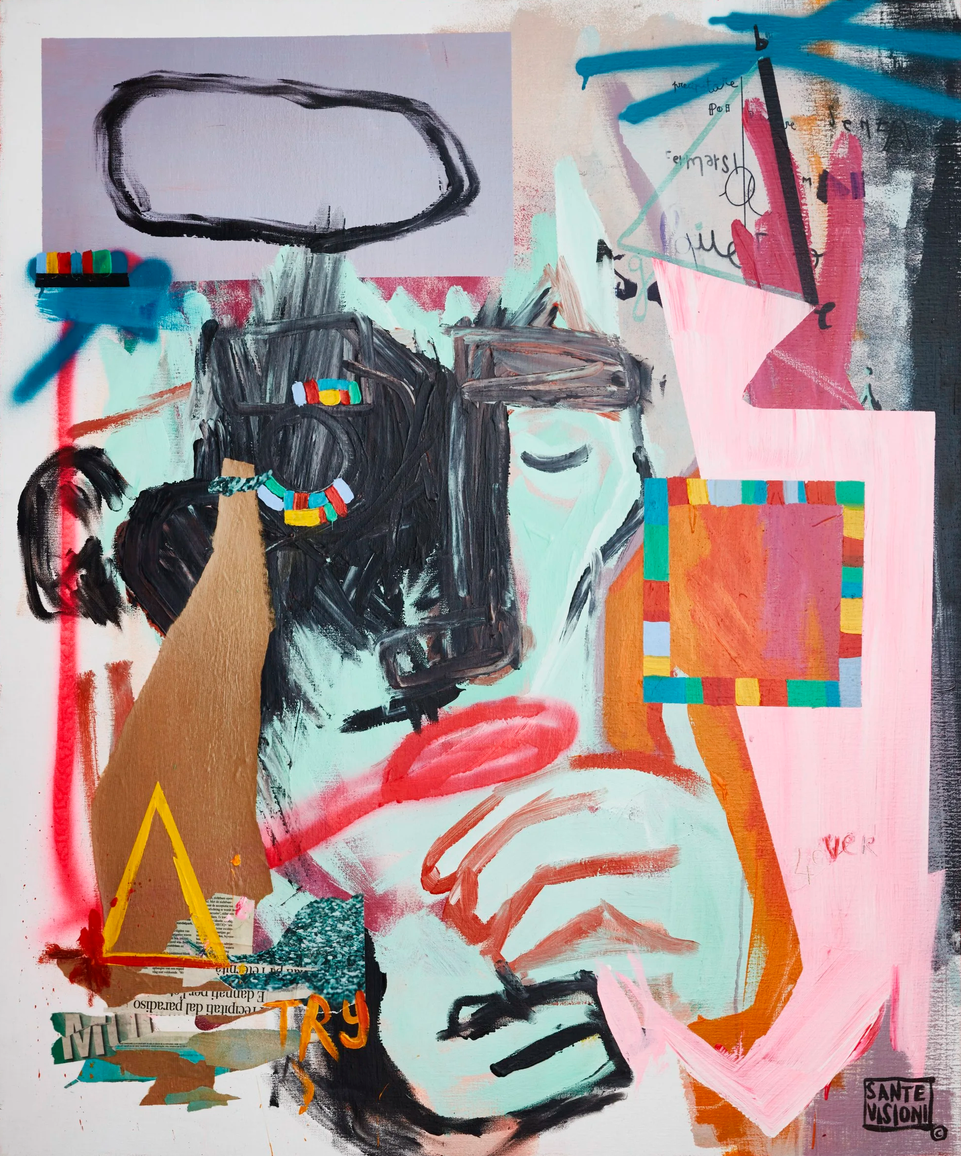 Try 4ever, 2018, mixed media on canvas, abstract painting of a human figure, with colorful geometric shapes, squiggles, and lines surrounding them.