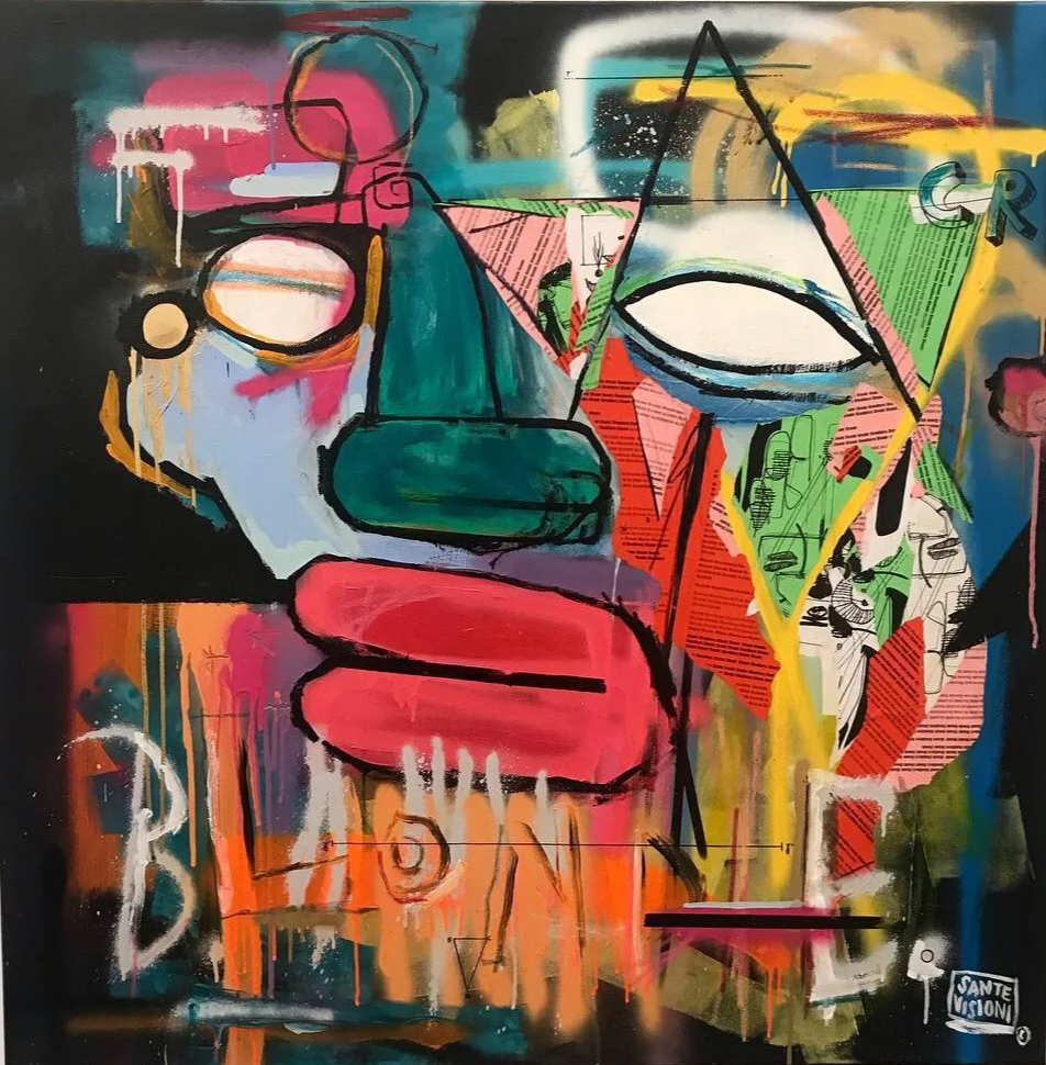 Blondiness, 2019, mixed media on canvas, an abstract graffiti-style painting with colorful shapes, outline sketches, and layered textures, featuring prominent red lips, green, blue, and pink geometric figures.