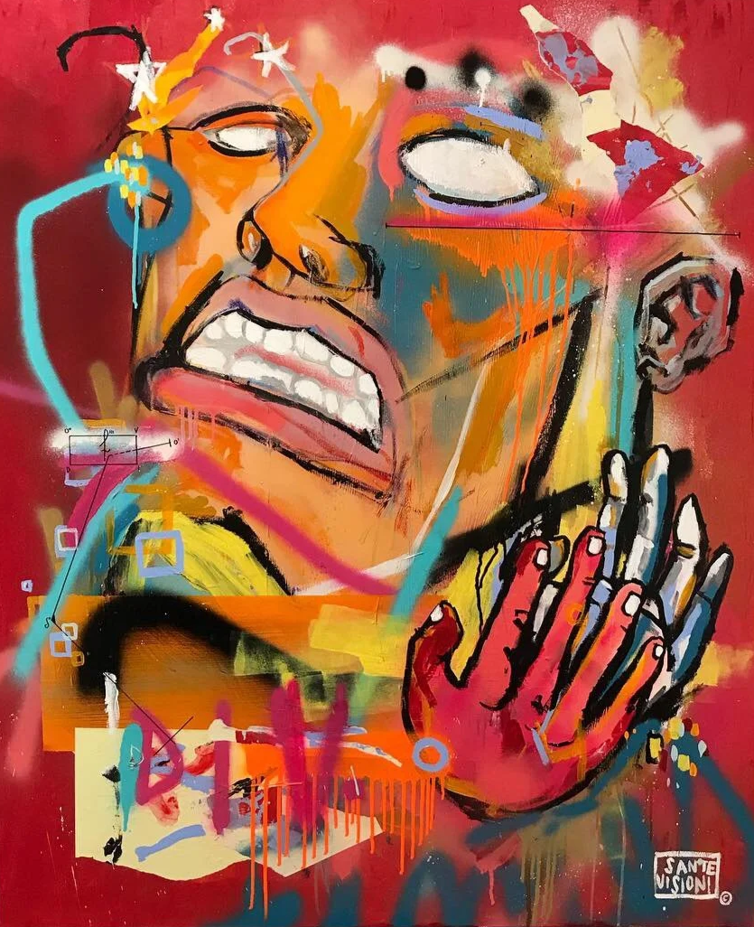 D.I.V.O., 2019, mixed media on canvas, colorful graffiti-style artwork of a human figure with a hand near their face, featuring vibrant shades of red, orange, yellow, blue, and pink with abstract elements and bold outlines.