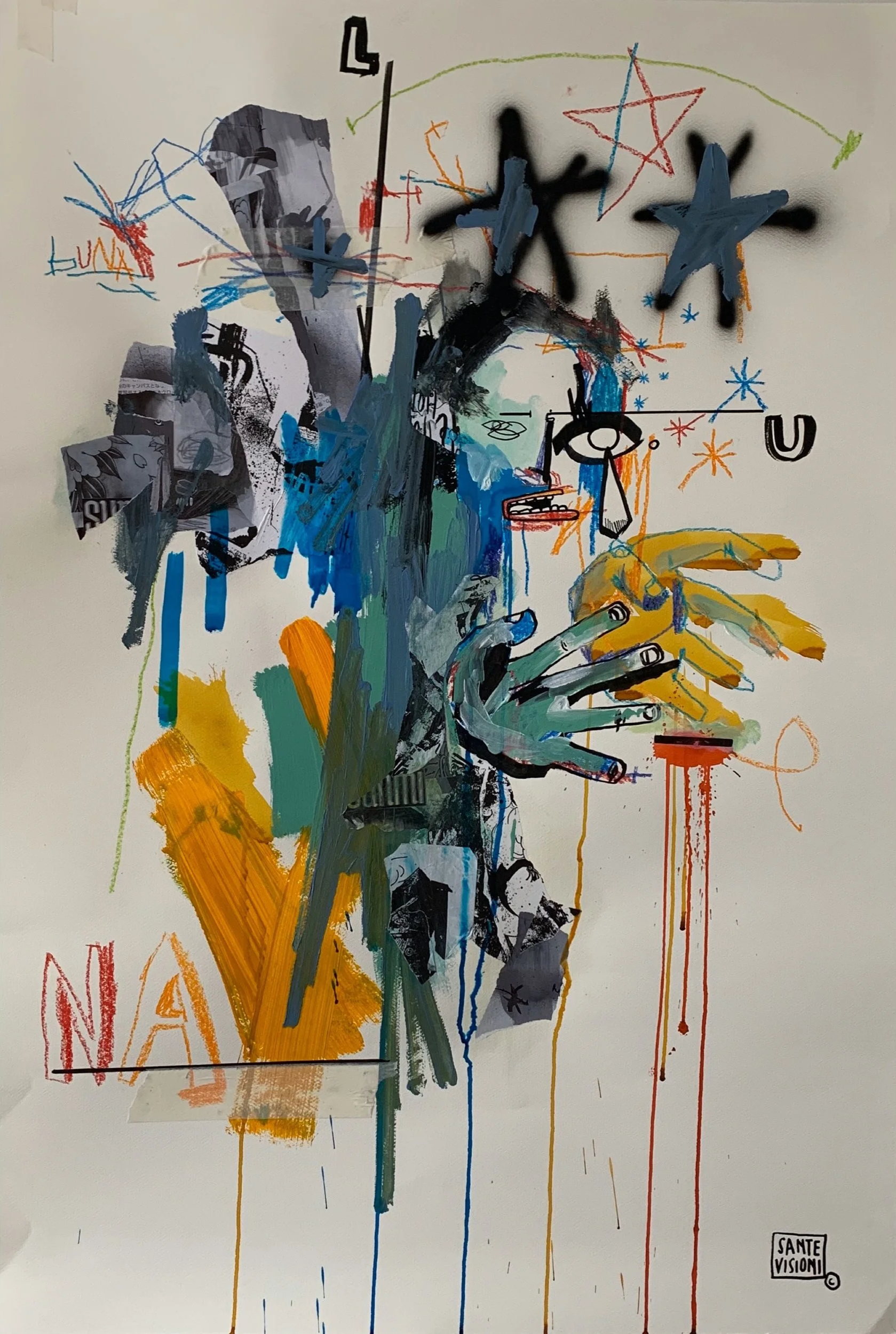 L.U.N.A. 2019, mixed media on paper, abstract mixed-media artwork combining collage, paint, and line drawings. Features a stylized figure with a hand reaching out, surrounded by geometric shapes and text elements.