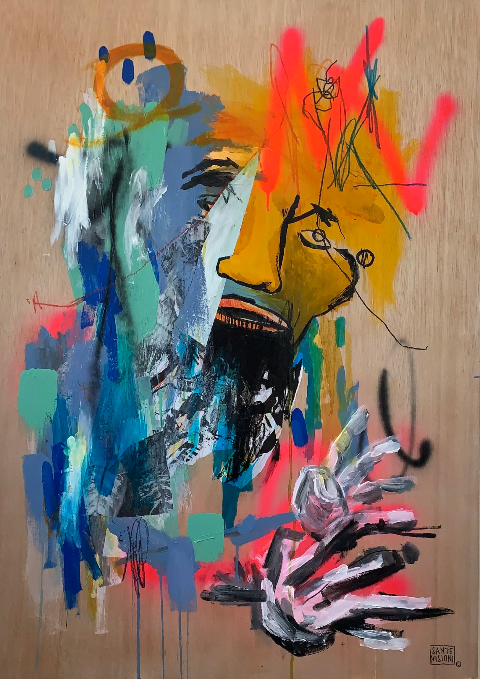 Resist! Resist!, 2020, mixed media on wood, abstract art piece depicting a person's face with expressive eye, surrounded by colorful brush strokes and dabs of paint, with a hand outlined in black in the foreground and a multicolored background.