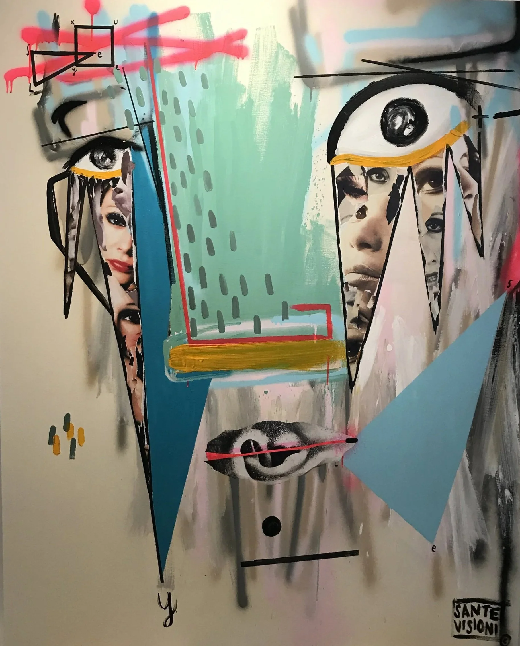 MODE I, 2019, mixed media on canvas, abstract mixed media artwork featuring stylized faces with collage elements, geometric shapes, lines, and colorful paint splatters.