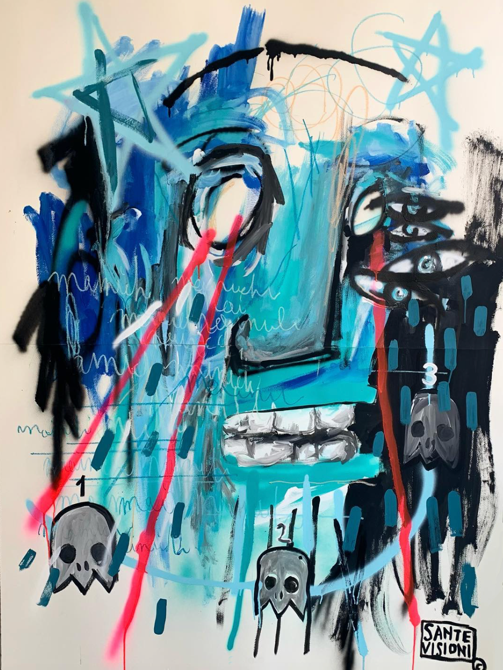 Mainichi, 2020, mixed media on paper, abstract painting of a human face with exaggerated features in blue, black, white, and pink accents, including various motifs, with handwritten text and colorful lines.