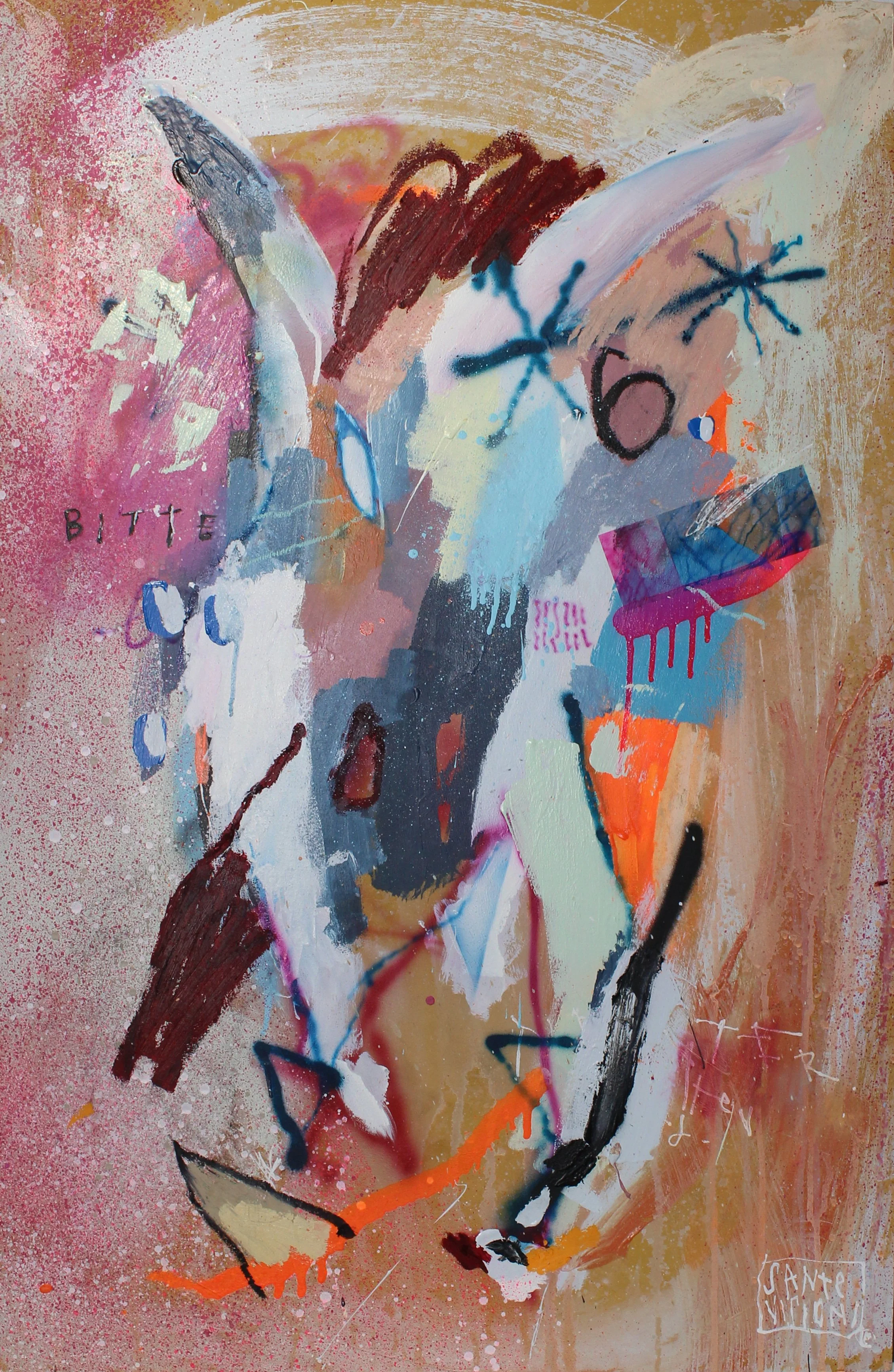 BITTE, 2026, mixed media on wood, abstract painting of a face figure, surrounded by colorful splashes, brushstrokes, and symbols, including the word 'BITTE', with a textured orange, pink, and beige background.