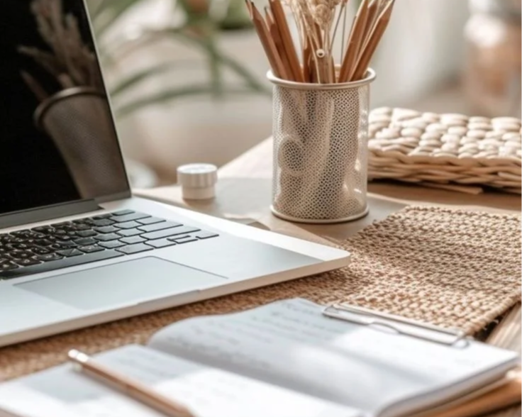 Work desk with a laptop, notebook, pen, and pencil holder on a woven mat with a background of natural light and decor.