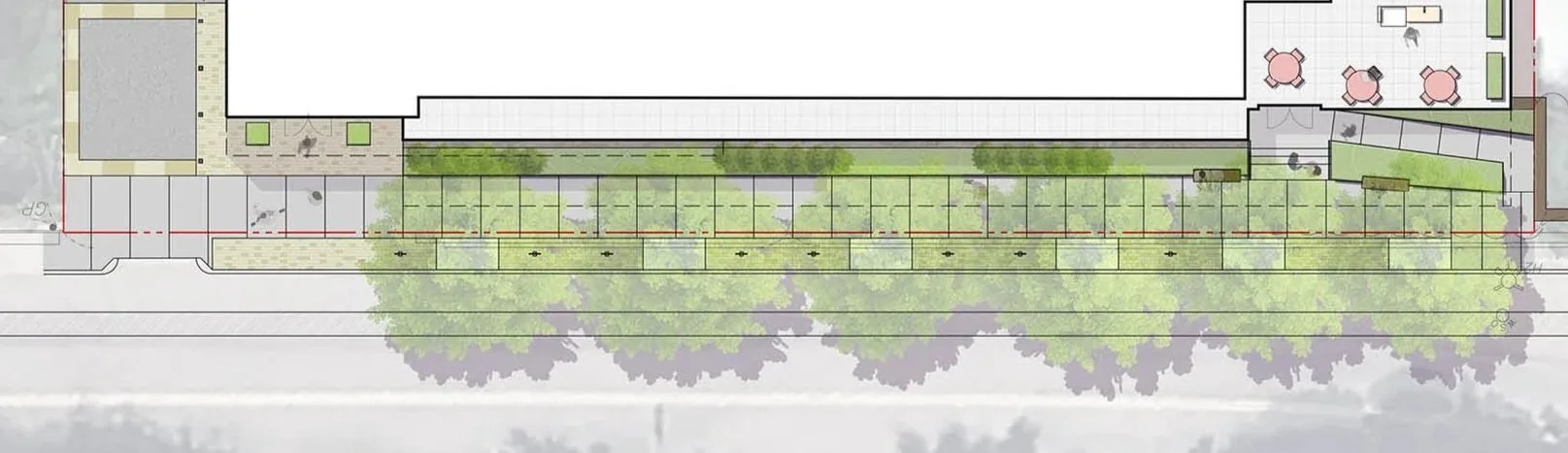 Streetscape plan in Boston, including a complete street compliant design, with street trees, bike racks, and frontage planting.