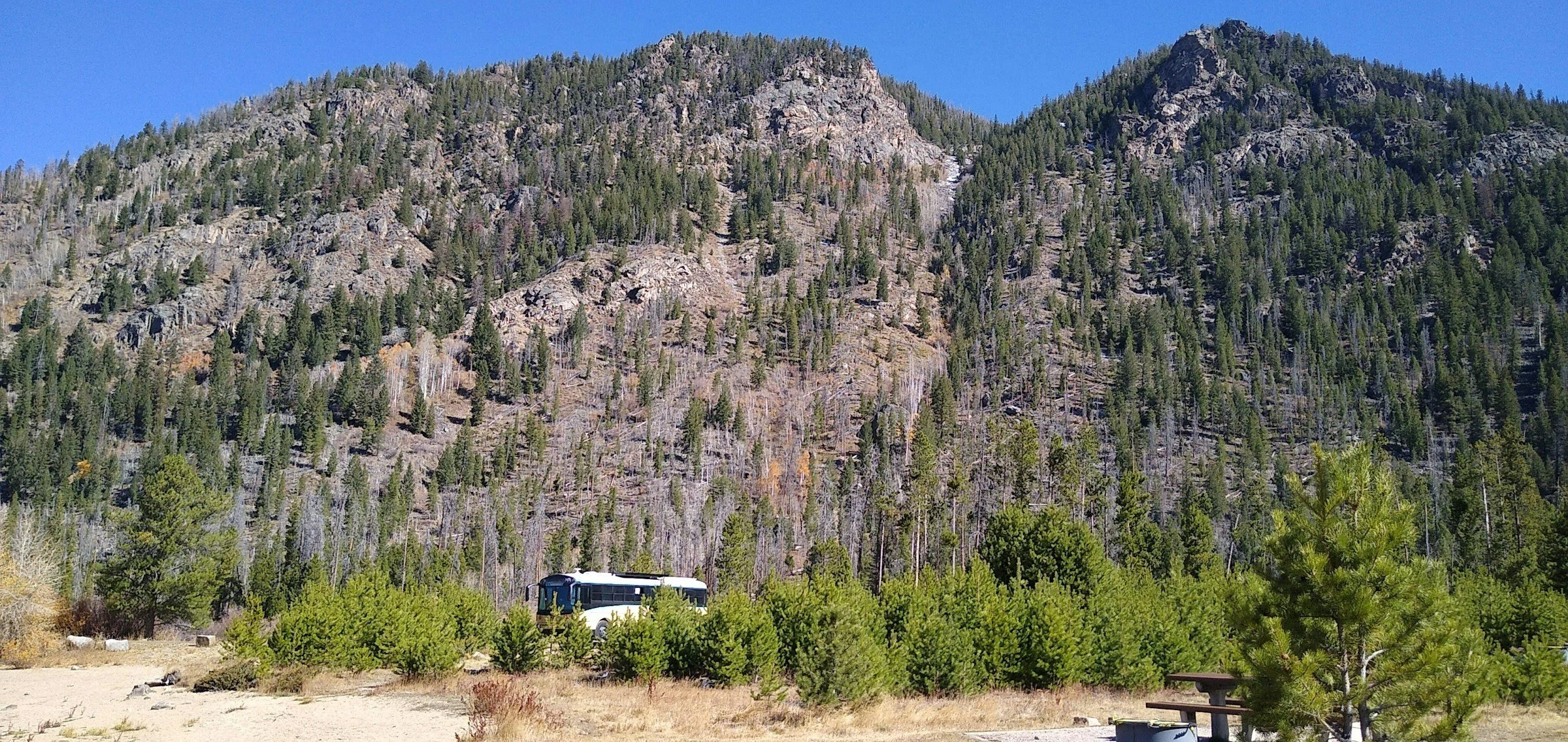 A scenic mountain landscape with a dense forest of pine trees on the hillside and a clear blue sky. In the foreground, there are small bushes, a picnic table, and a white bus parked near the trees.