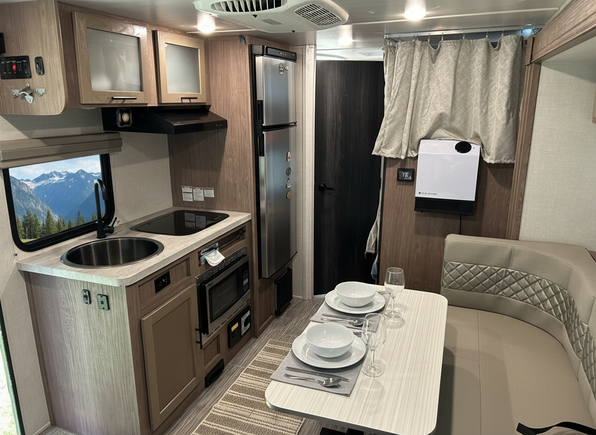 RV interior with a small kitchen, refrigerator, microwave, table set for two, and a white curved seating area.