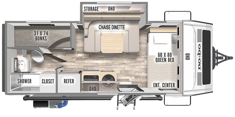 Floor plan of a camper or RV showing a kitchen, bathroom, bunk beds, queen bed, sofa, and storage areas.