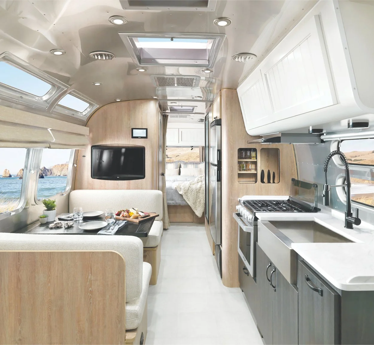 The inside of a Pottery Barn Edition Airstream trailer.