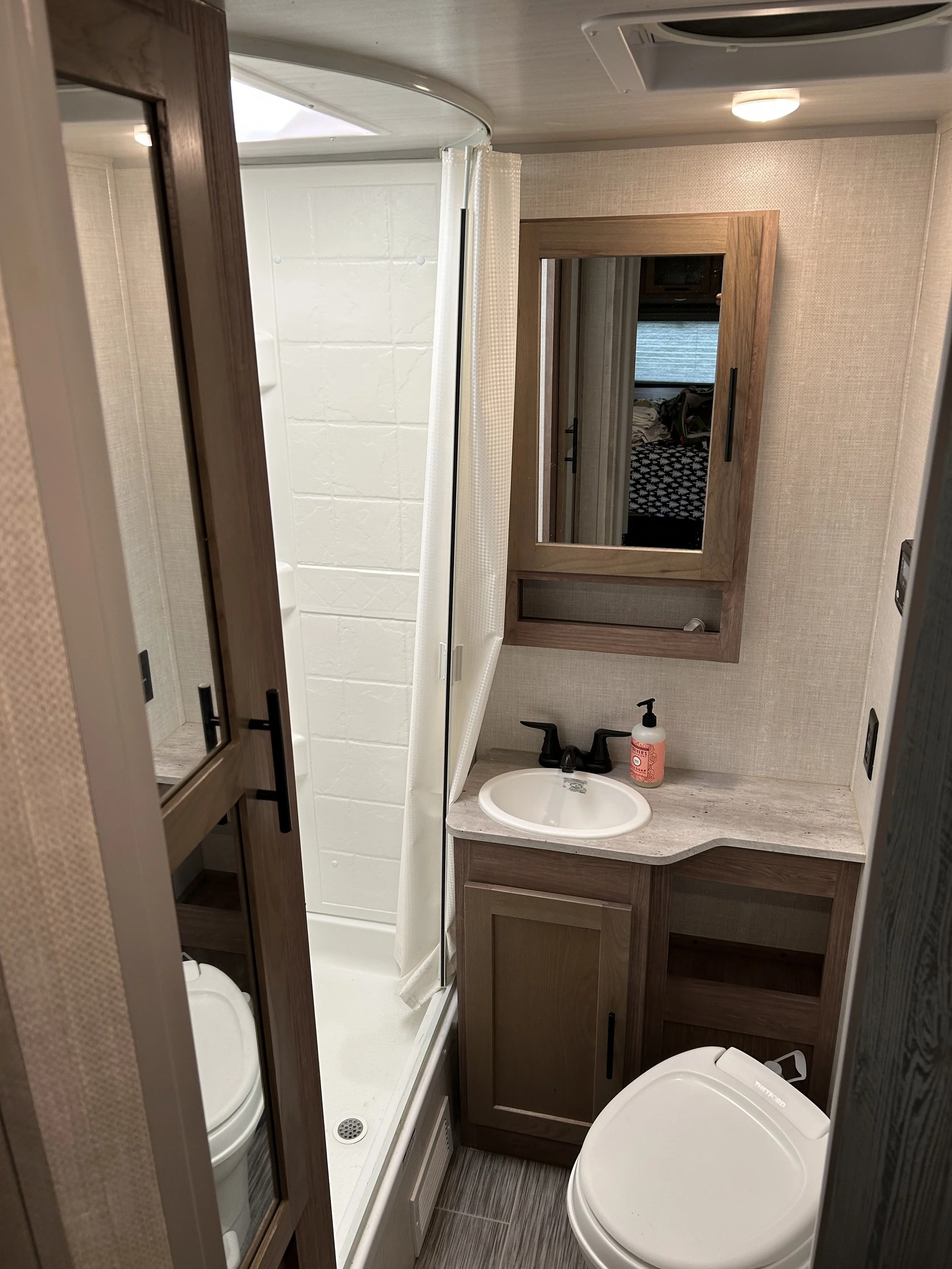Small bathroom in a recreational vehicle with a shower, mirror cabinet, sink with soap dispenser, and a toilet.