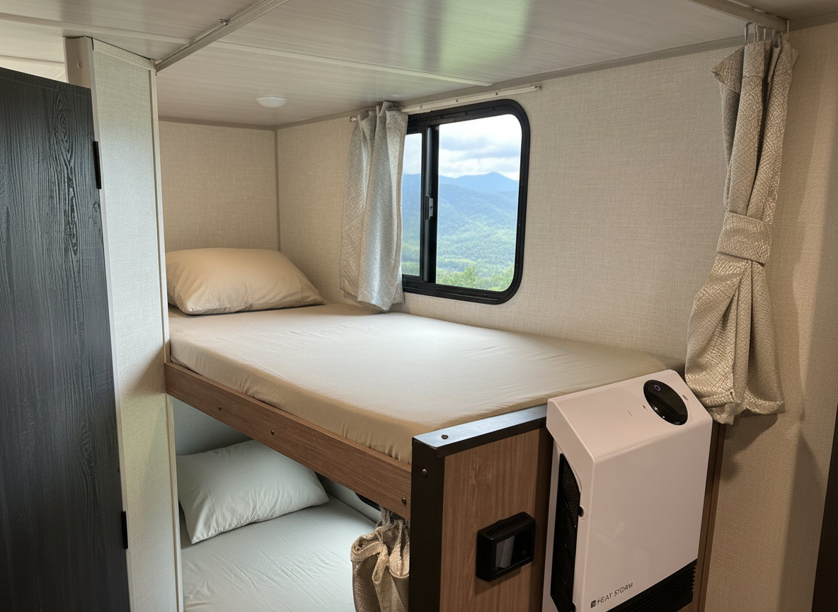 Interior of a small camper with a bed on the upper bunk and a lower bed beneath it, next to a window with mountains visible outside, and an air purifier in the corner.