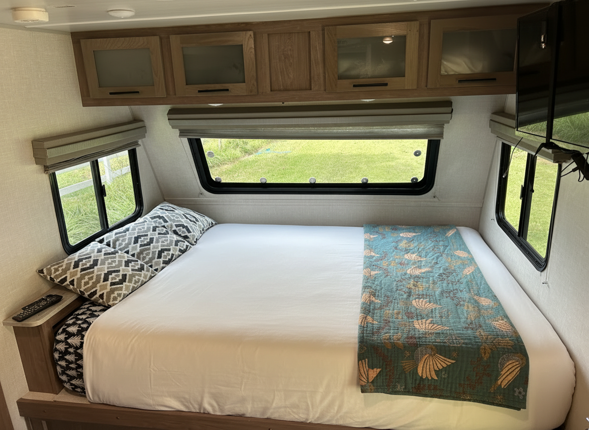 Inside a compact bedroom with a bed, patterned pillows, window blinds, and overhead storage cabinets, with a view of grass outside through large windows.