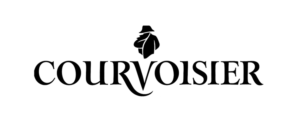 Logo with a leaf and hat above the word "COURVOISIER" in stylized black font.