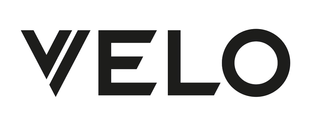 The word 'VELO' written in bold black letters with a stylized 'V' in the shape of a check mark.