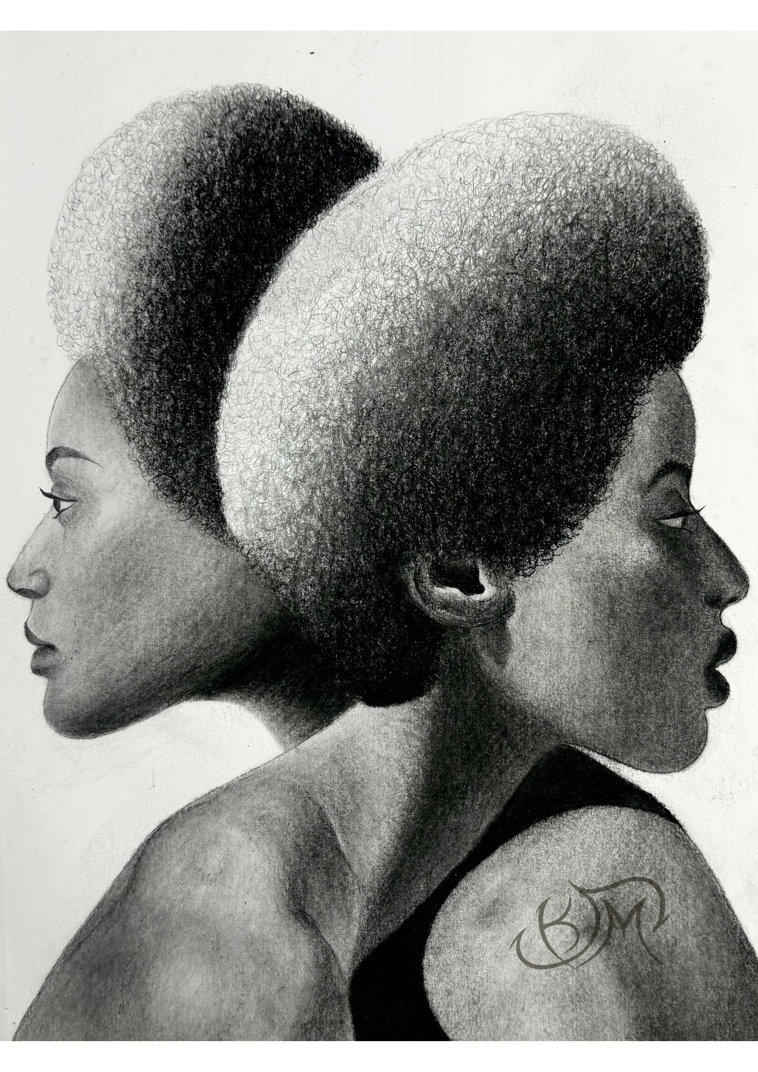Black and white pencil drawing of two women in profile, back-to-back, with textured hair and elegant features, one facing left and the other facing right, with a signature or initials "KJM" at the bottom right corner.