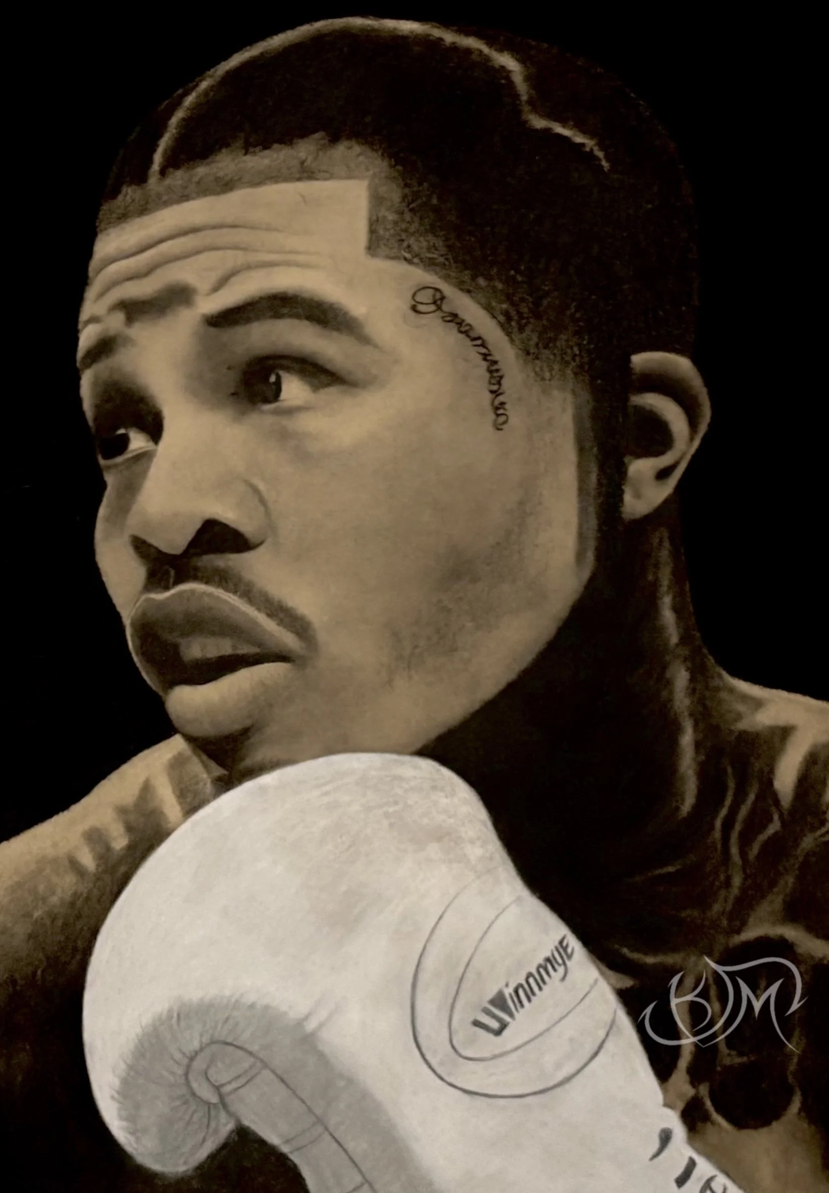 A person with short hair and tattoos on their face and arm, holding a boxing glove with the brand name 'Winning' visible, in a boxing stance.