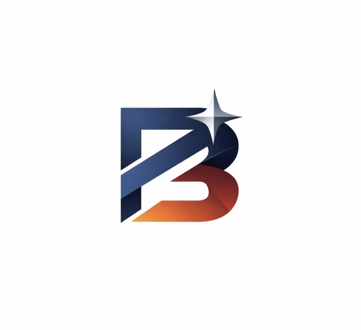A stylized logo featuring the letter B with a star-like sparkle above it, using shades of blue, red, orange, and white.