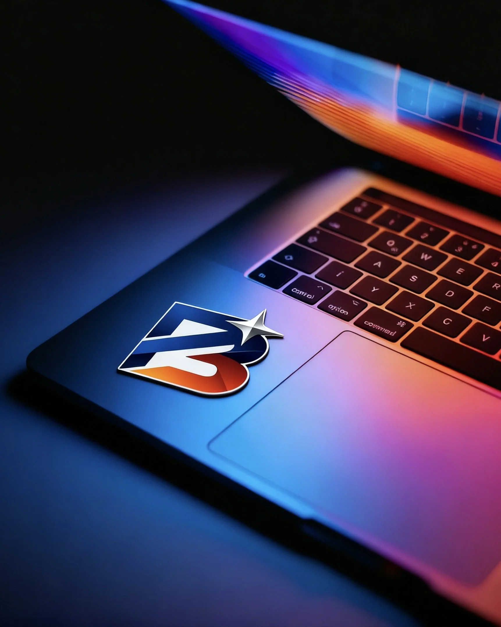 Close-up view of a laptop keyboard with an adult cartoon logo sticker on the palm rest area, illuminated by colorful backlight lighting in blue, purple, and orange hues.