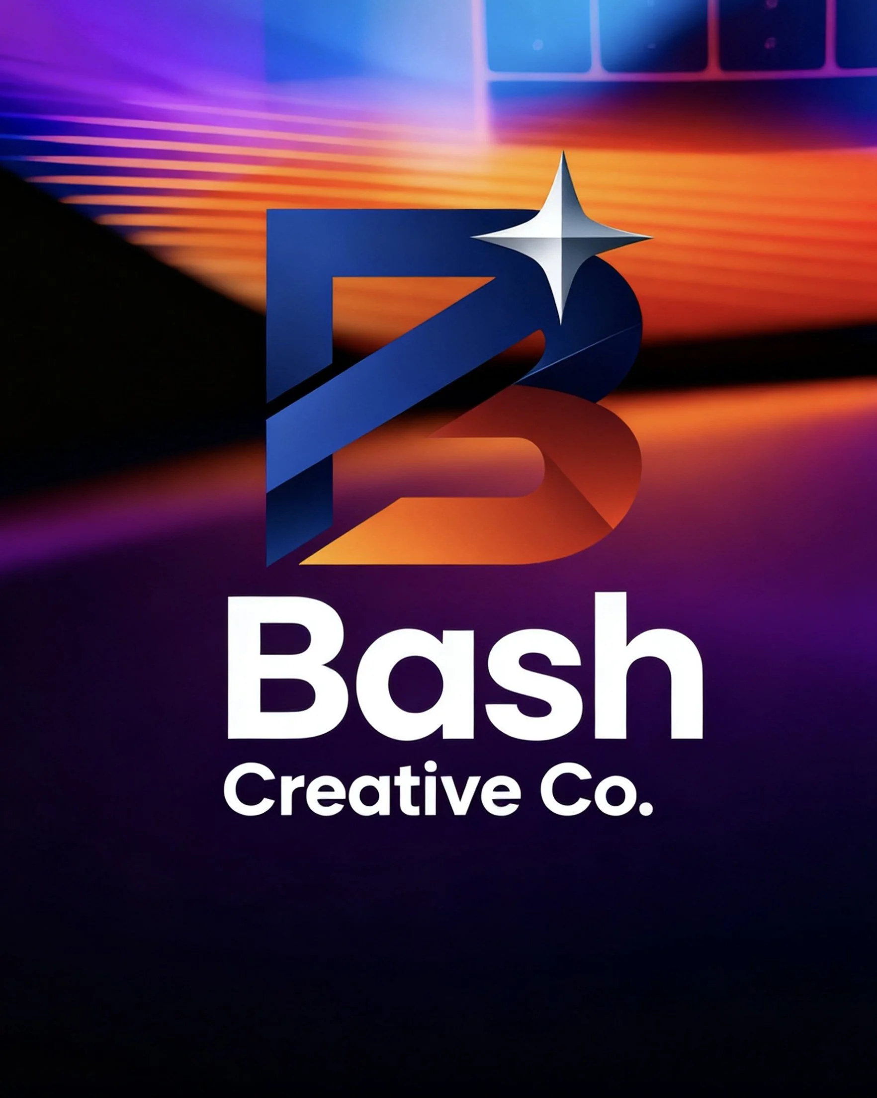 A colorful digital graphic with a 3D logo and the text 'Bash Creative Co.' underneath, featuring abstract background with purple, pink, orange, and black hues.