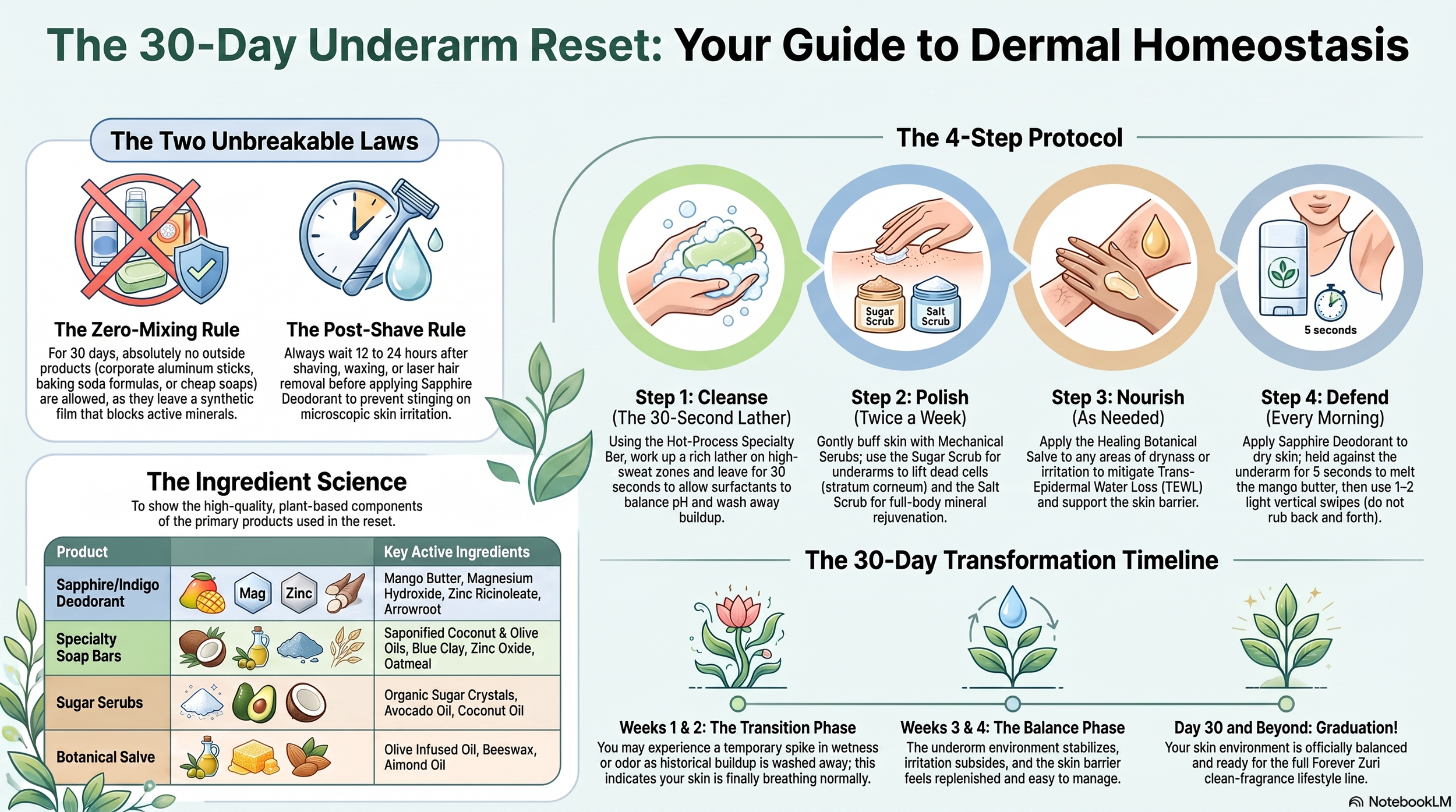 Infographic about a 30-day underarm reset and dermal homeostasis, featuring steps for skin cleansing, polishing, nourishing, and defending, with illustrations of skincare products, a clock, plants, and a skin diagram.