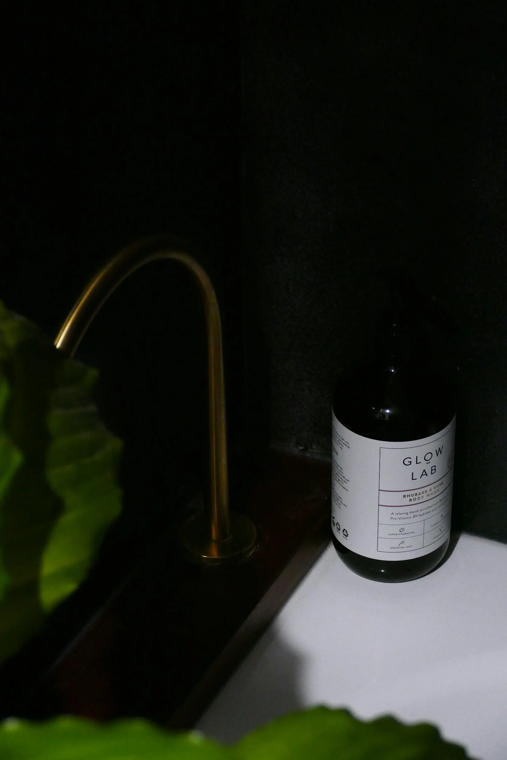 A dark kitchen sink area with a brass faucet, a green leafy plant in the foreground, and a bottle of Glow Lab body wash beside the sink.