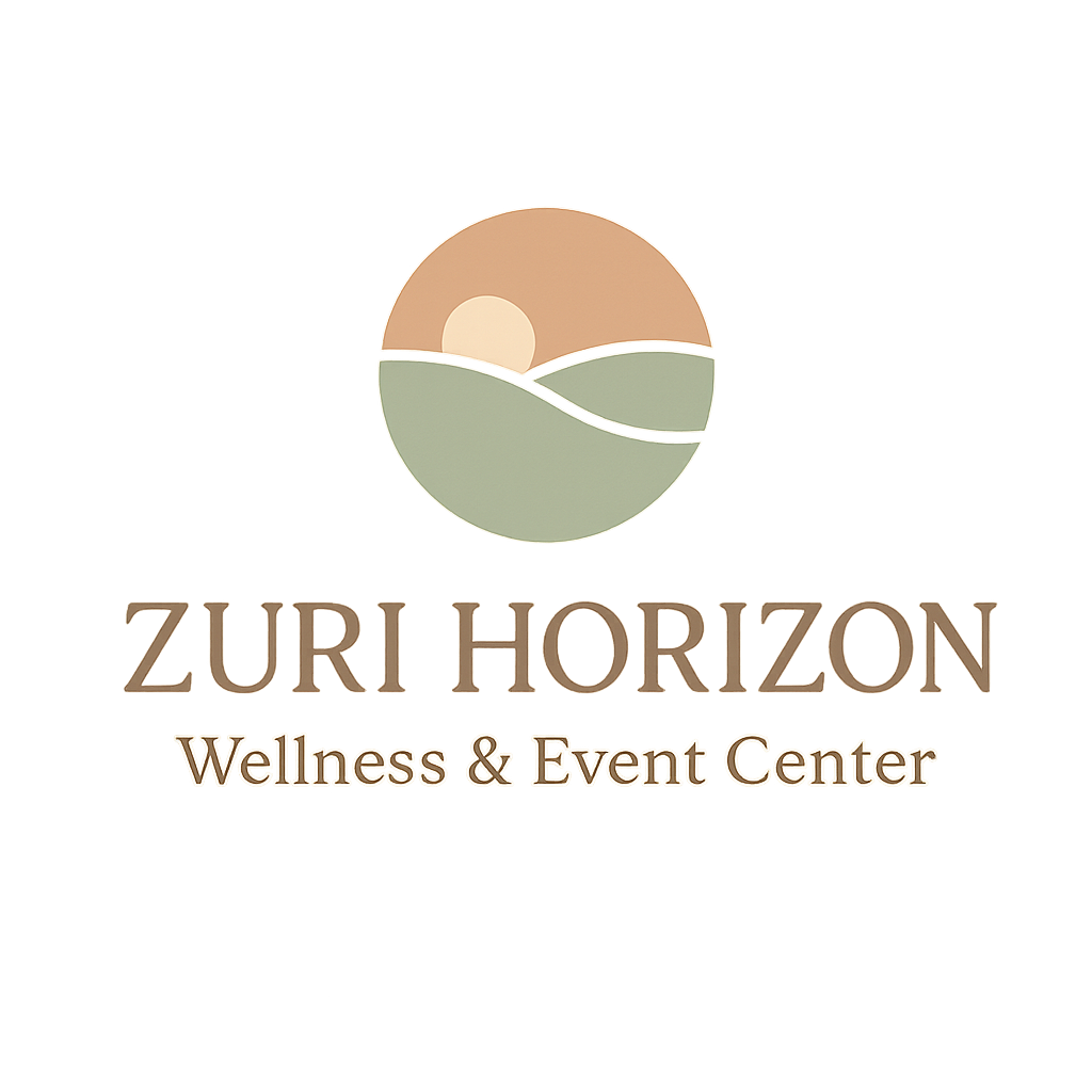 Logo for Zuri Horizon Wellness & Event Center, featuring a stylized sun and landscape within a circle, with the text 'Zuri Horizon' and 'Wellness & Event Center' below.