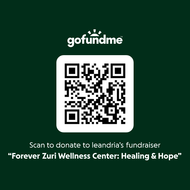 Gofundme donation poster with QR code for Leandria's fundraiser at Forever Zuri Wellness Center: Healing & Hope.