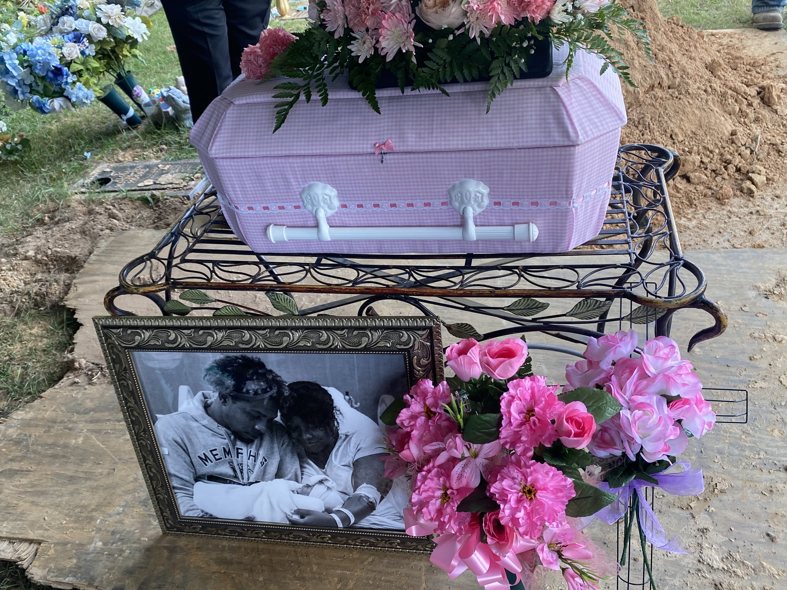 Image of a grave covered with a pink coffin-like covering decorated with flowers and greenery. A framed photo of a dog is placed in front of the grave, alongside a cluster of pink flowers.
