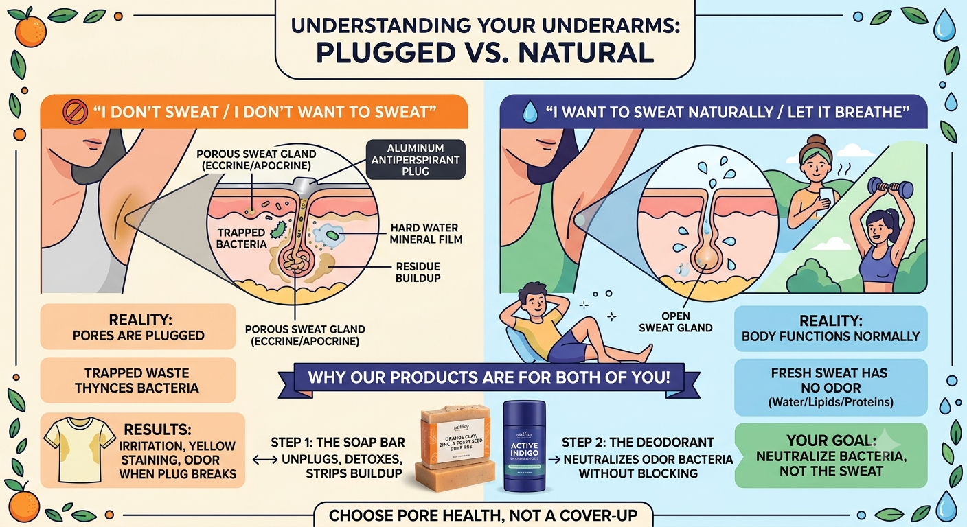 An informative infographic compares plugged vs. natural underarm deodorants. The left side shows clogged pores, trapped bacteria, residue buildup, and allergic reactions associated with antiperspirants. The right side illustrates healthy, open sweat glands with natural sweating and body function. The infographic emphasizes that the goal is to neutralize bacteria, not stop sweating, and promotes products such as soap and deodorant containing natural ingredients.