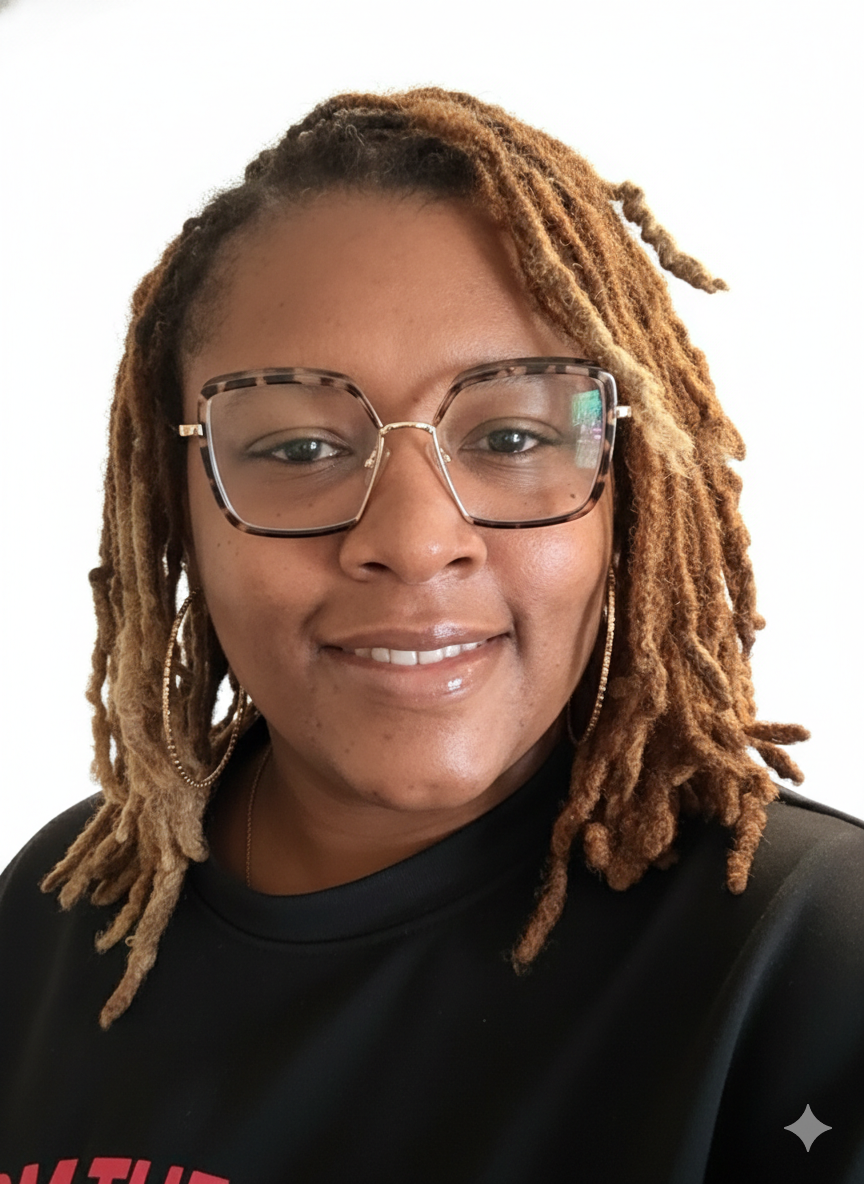 A woman with light brown skin and long, blonde dreadlocks wearing glasses and a black shirt, smiling against a plain white background.