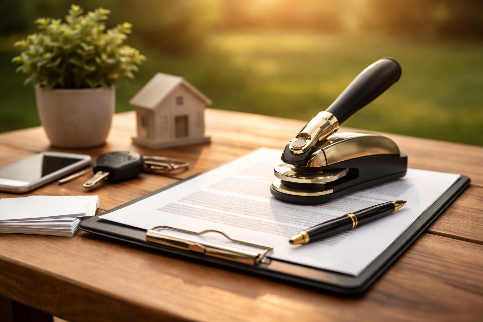 Desk with legal documents, a pen, a stapler, a set of car keys, a smartphone, a small house model, and a potted plant outdoors.