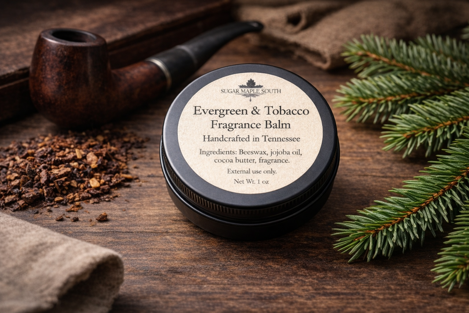 Evergreen & Tobacco fragrance balm by Sugar Maple South in matte black tin styled with pipe tobacco and evergreen on warm wood, handcrafted in Tennessee.