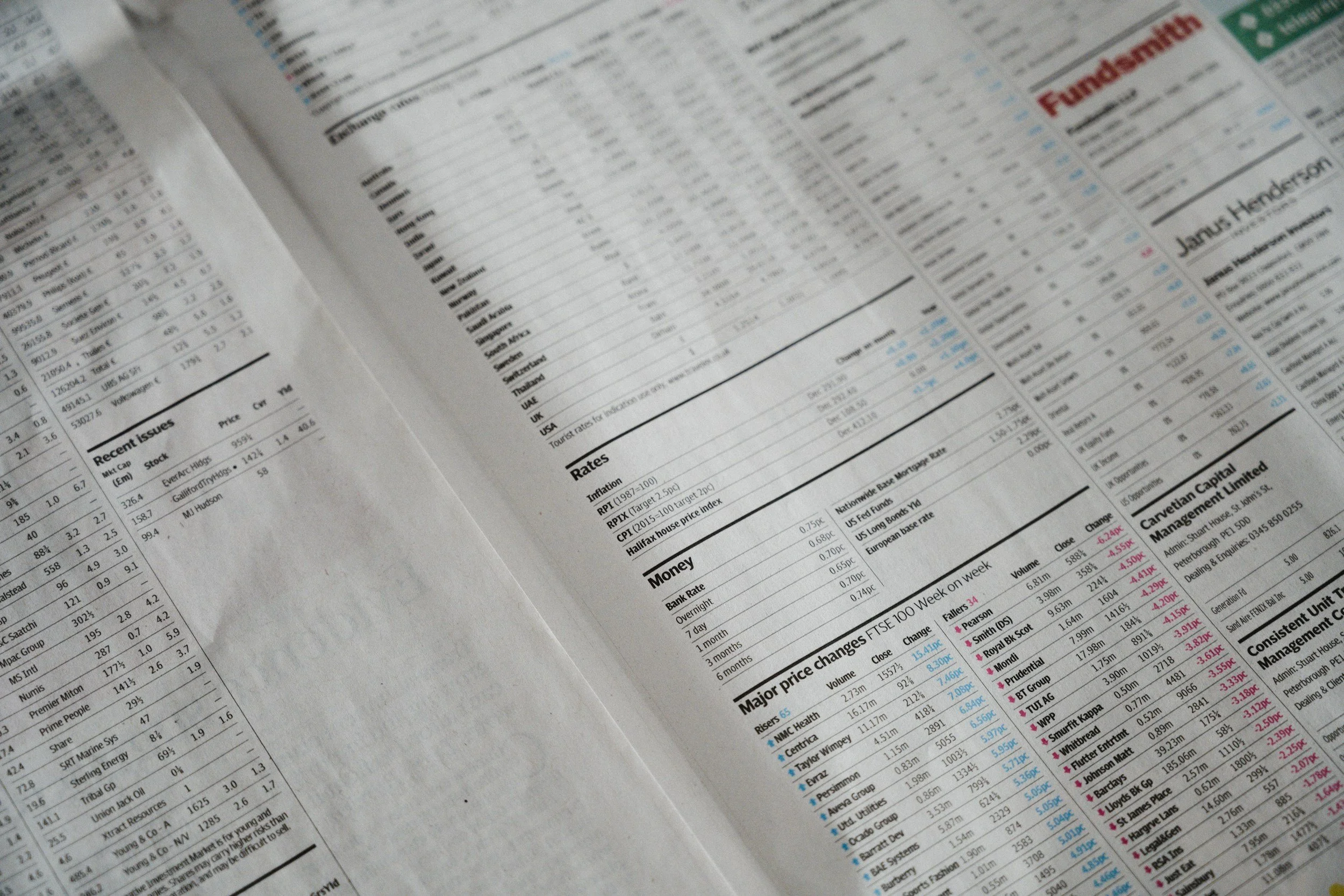 Close-up of a financial newspaper page with stock, currency, and market data, including tables, numbers, and color-coded figures.