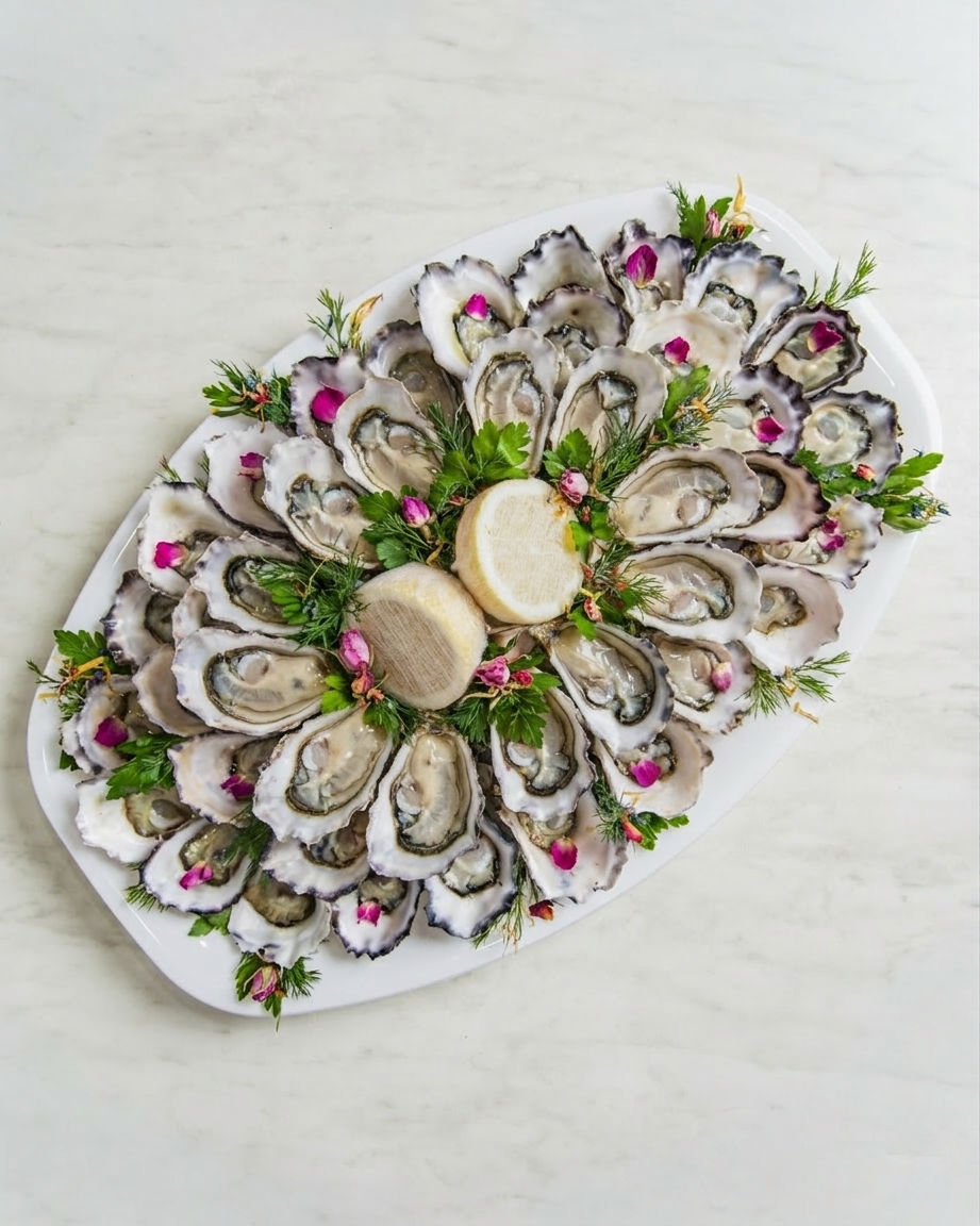 A white oval platter with arranged oyster shells, lemon slices, and garnishing greens and pink flowers.