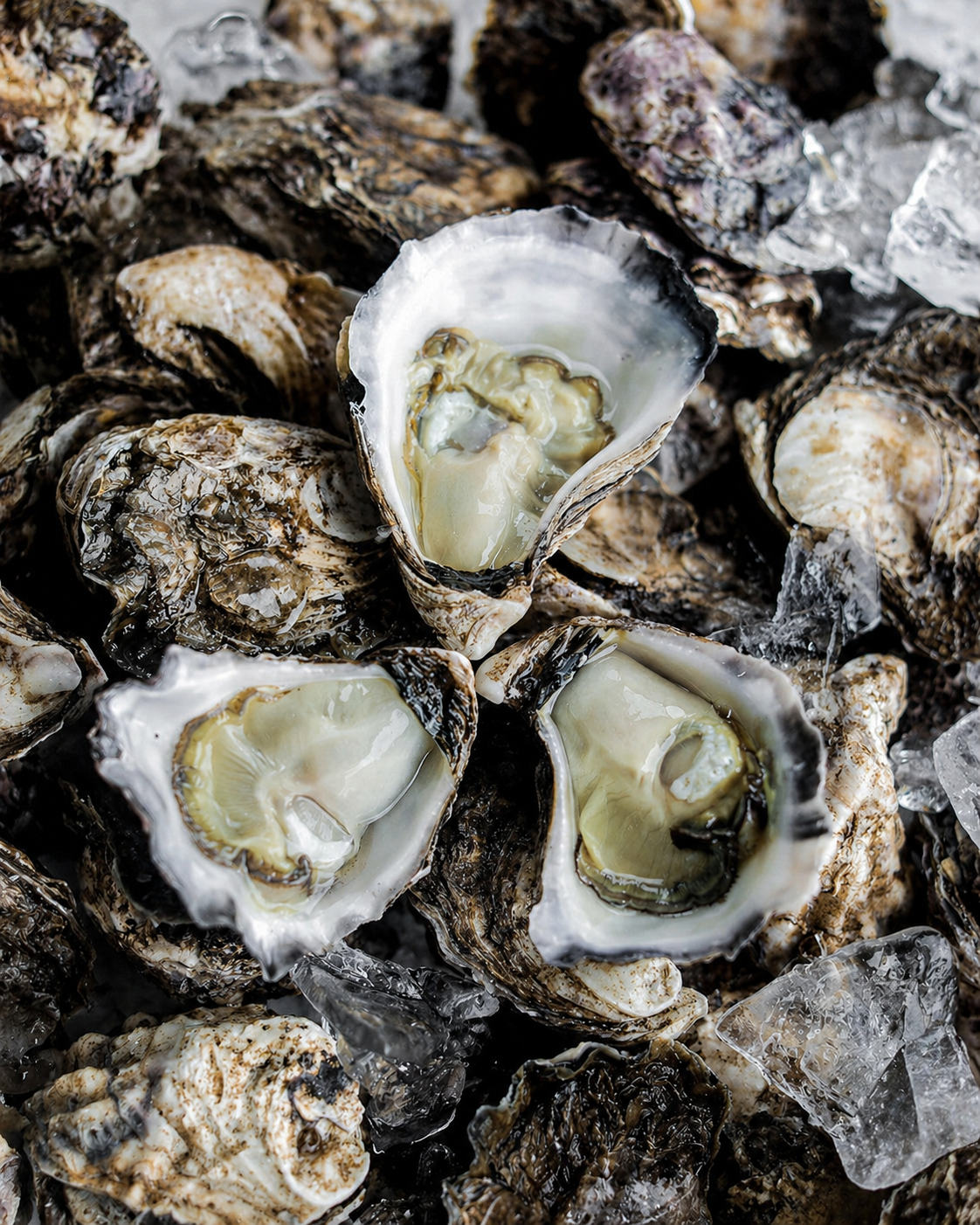 Close-up of oysters on ice, some open showing the meat inside.