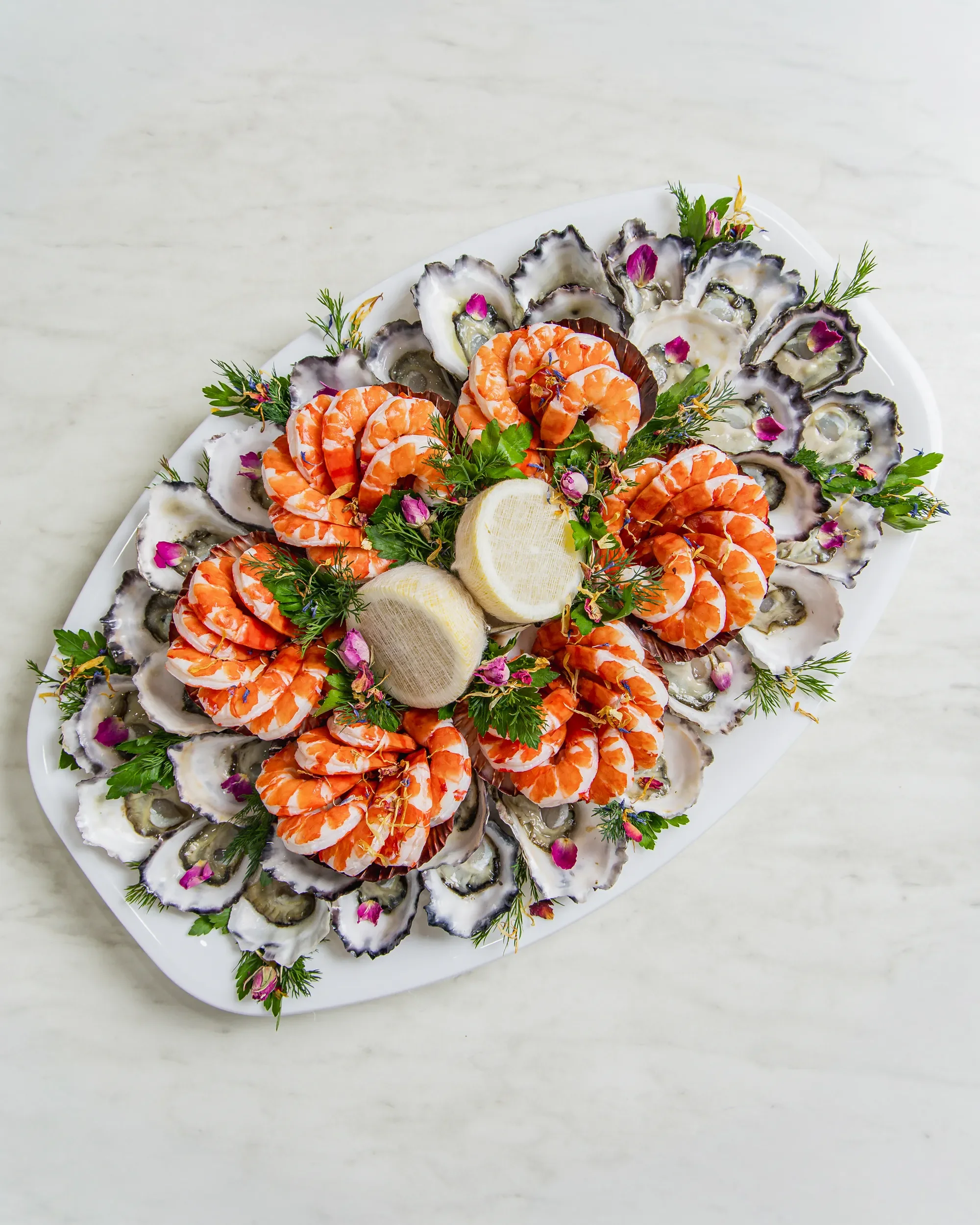 A seafood platter with oysters on the half shell, cooked shrimp, lemon slices, and garnished with fresh herbs and small flowers on a white oval plate.