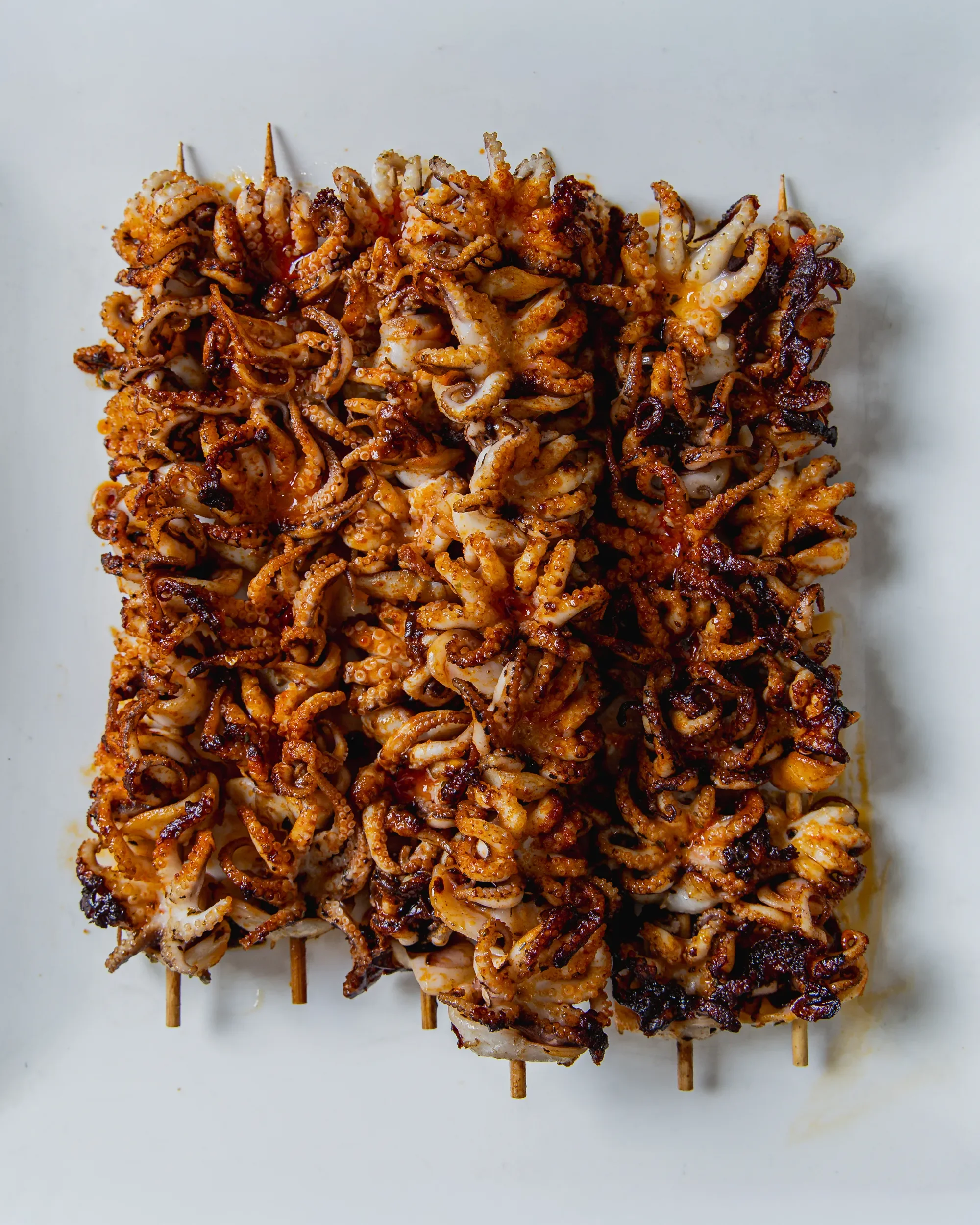 Close-up of four grilled skewers of small octopus tentacles with charred edges on a white background.