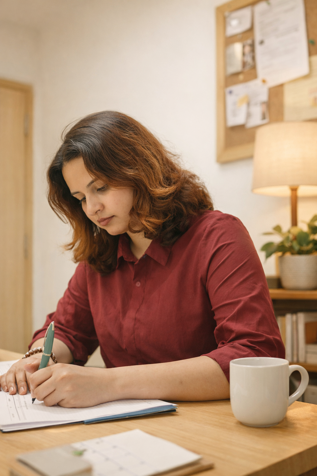 Psychologist writing session notes in a warm therapy office