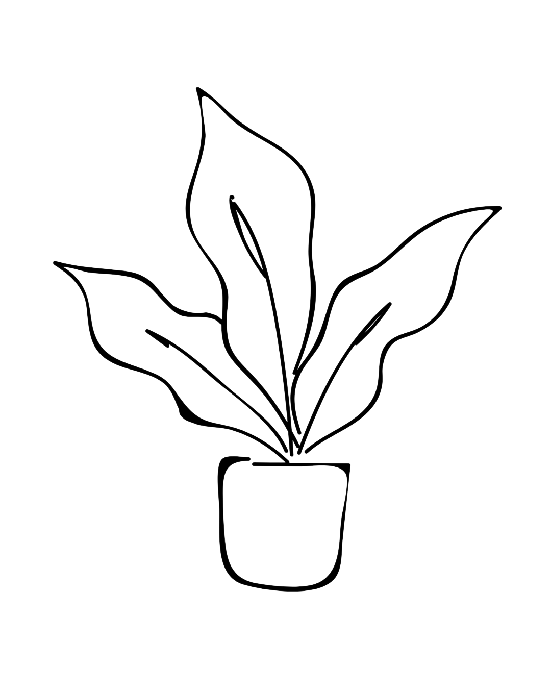 Outline of a potted plant with large leaves, drawn in white lines on a black background.