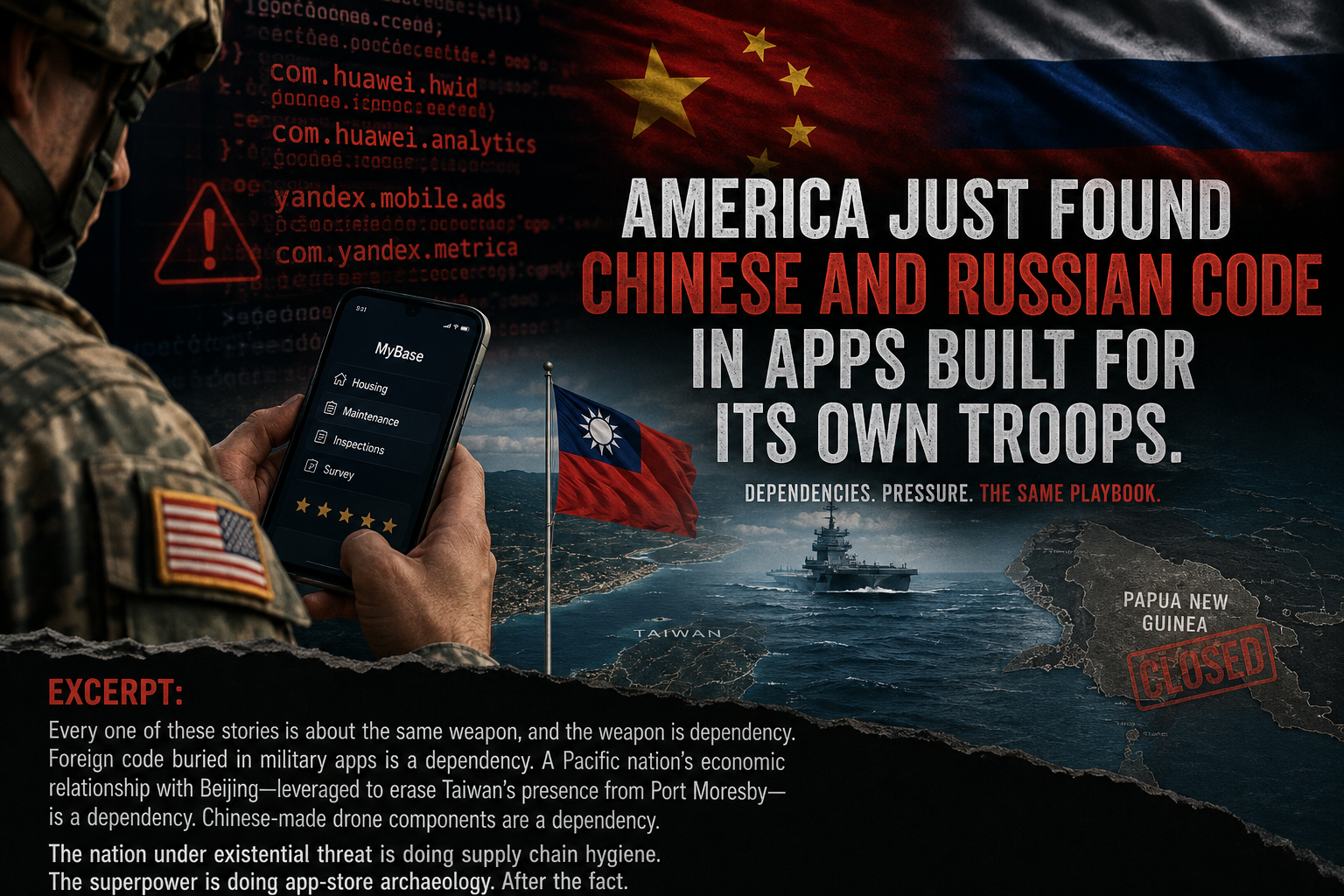 The Front Line Is in Your Pocket        Researchers found Huawei code in an app U.S. troops use to review their own barracks. That's not a separate story from Taiwan.&nbsp;